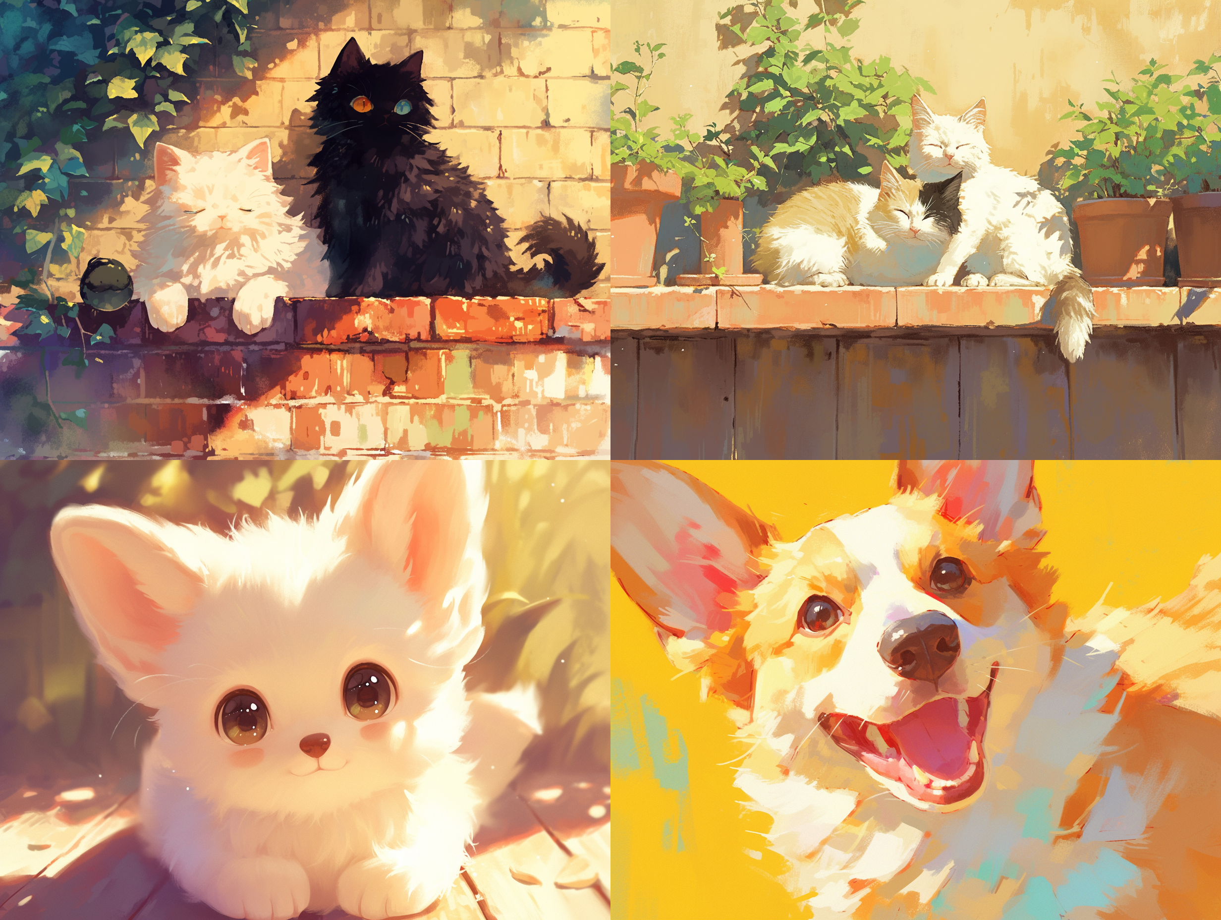 cute pets, high definition, outdoor environment, natural light, smiles, fluffy fur, warm tones, rich details, bright eyes, moderate shutter speed, vivid.