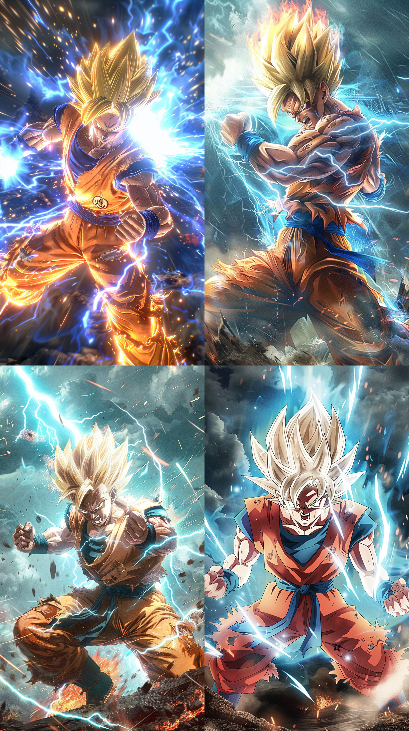 超级塞亚人孙悟空，战斗准备，火山口，狂风暴雨，全身发光，攻击动作，高速快门，蓝色能量，紧张激动。