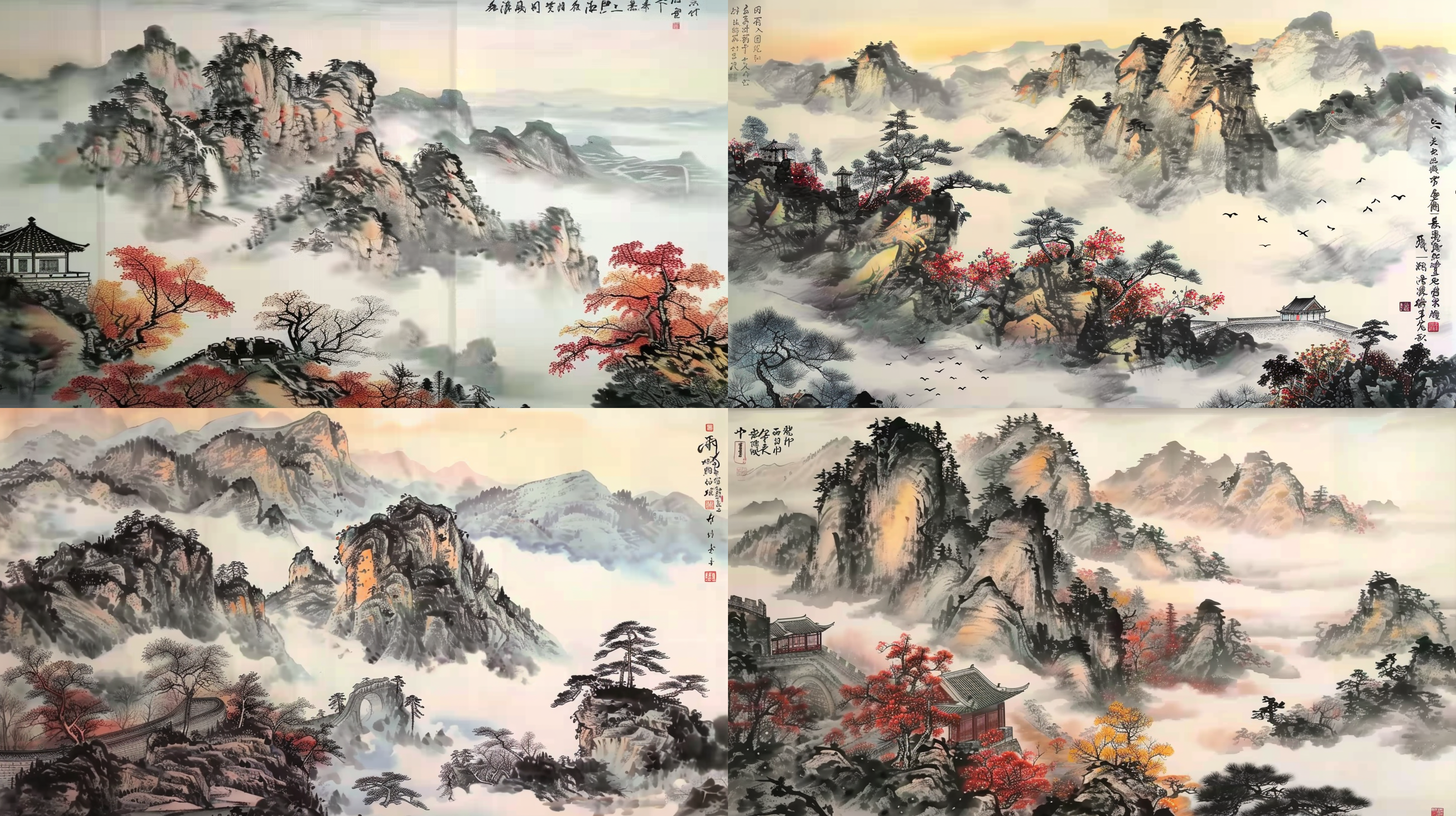 中国山水画，鸿运当头，留白山水，云雾缭绕，超清画质，鸟瞰视角，广角镜头，明暗对比，细节丰富，温暖色调，自然光线，静态构图，气势磅礴。 动画艺术 长城 鸟瞰 国画