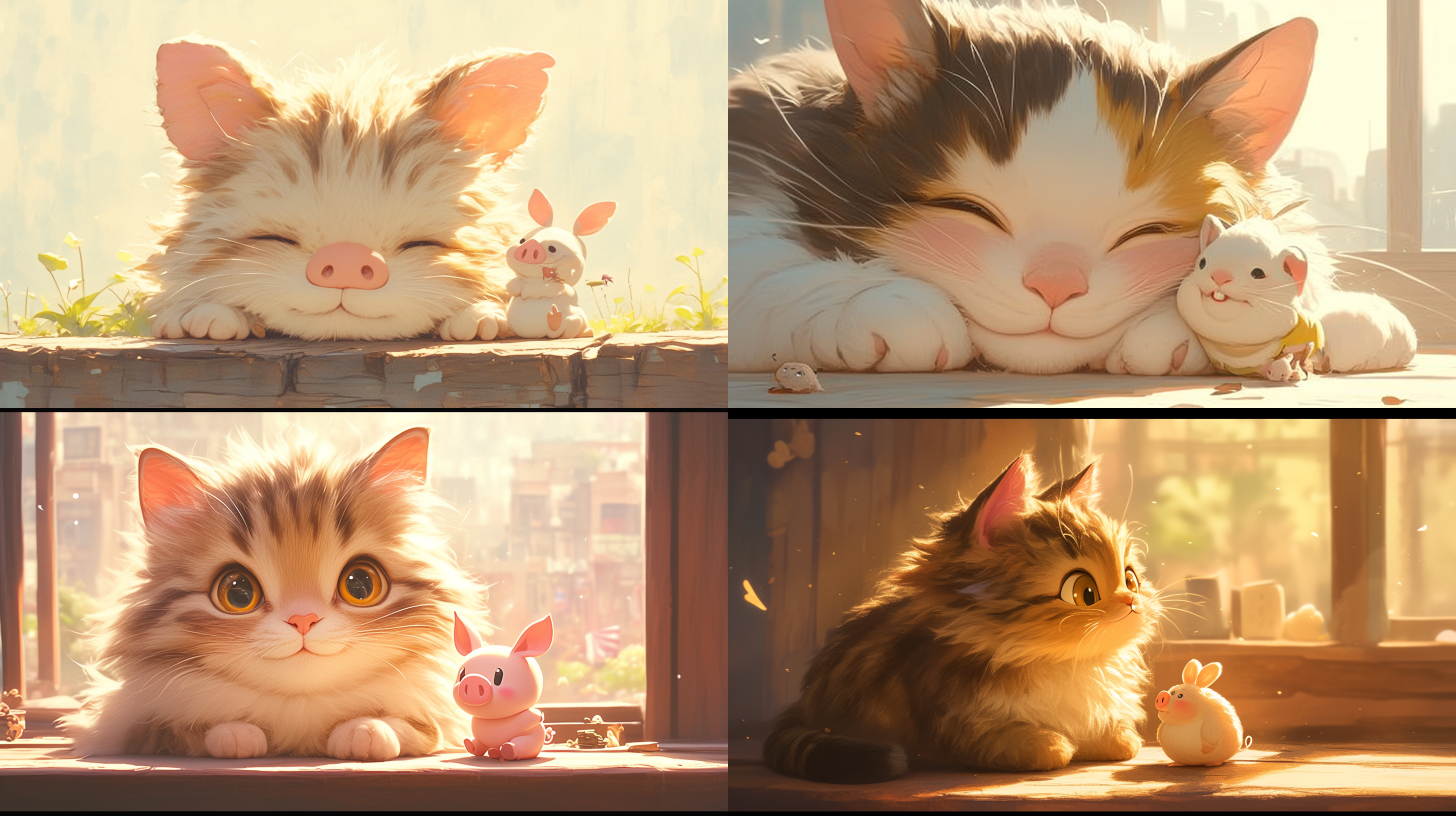 毛茸茸的金渐层猫开心的坐在一个简单背景下，大眼睛，睁着一只大眼睛，闭着一只眼睛，童话般，旁边一只胖胖的小花猪，眼神温柔，微笑，柔和的光线透过窗户洒在它身上，展现出它柔软的毛发和迷人的眼神，猫咪细致的毛发纹理，3d皮克斯风格。hdr 月兔