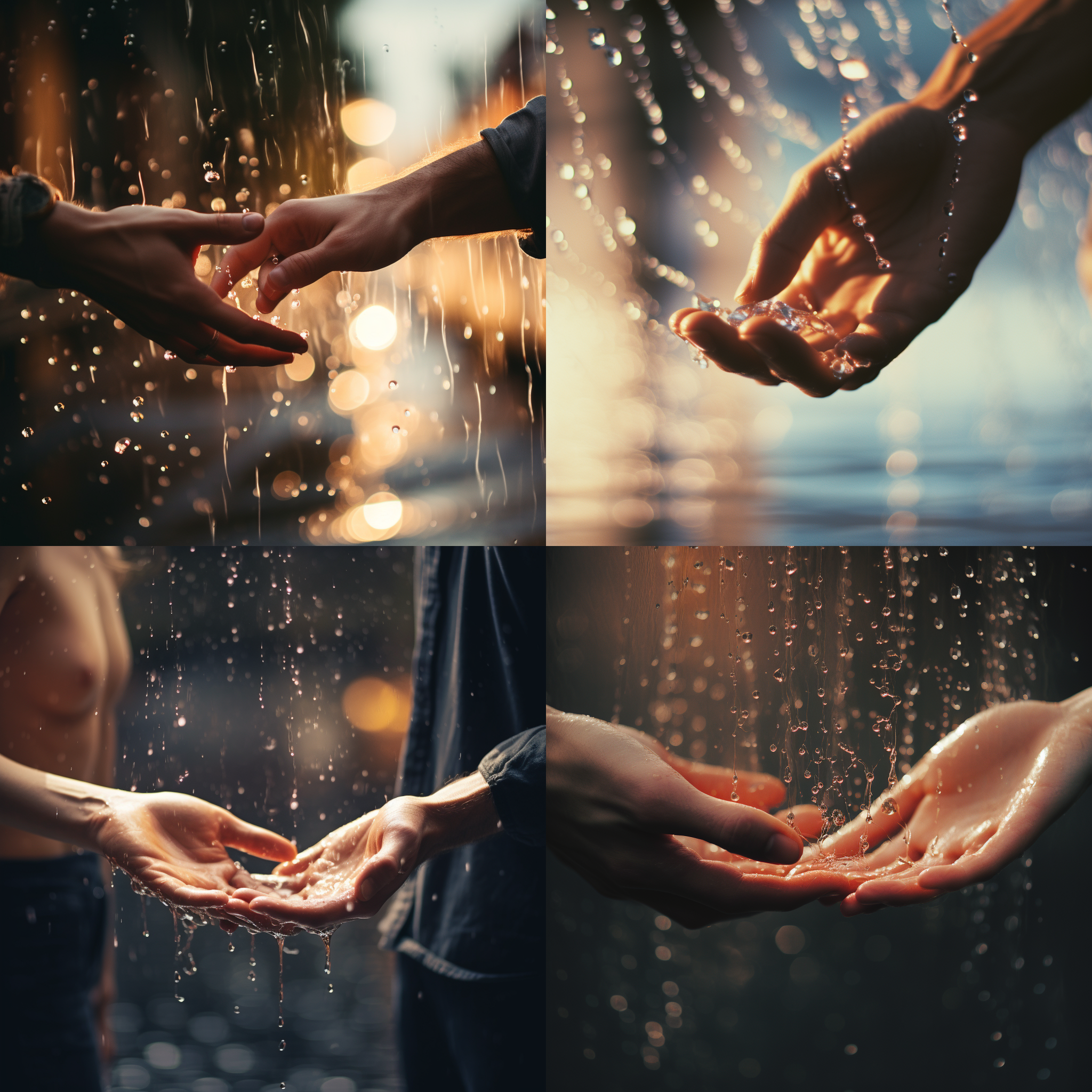 玻璃上水滴流动，男人牵着女人手，超现实主义，35mm镜头，细节清晰，模糊朦胧，水珠模糊，浪漫，温暖。