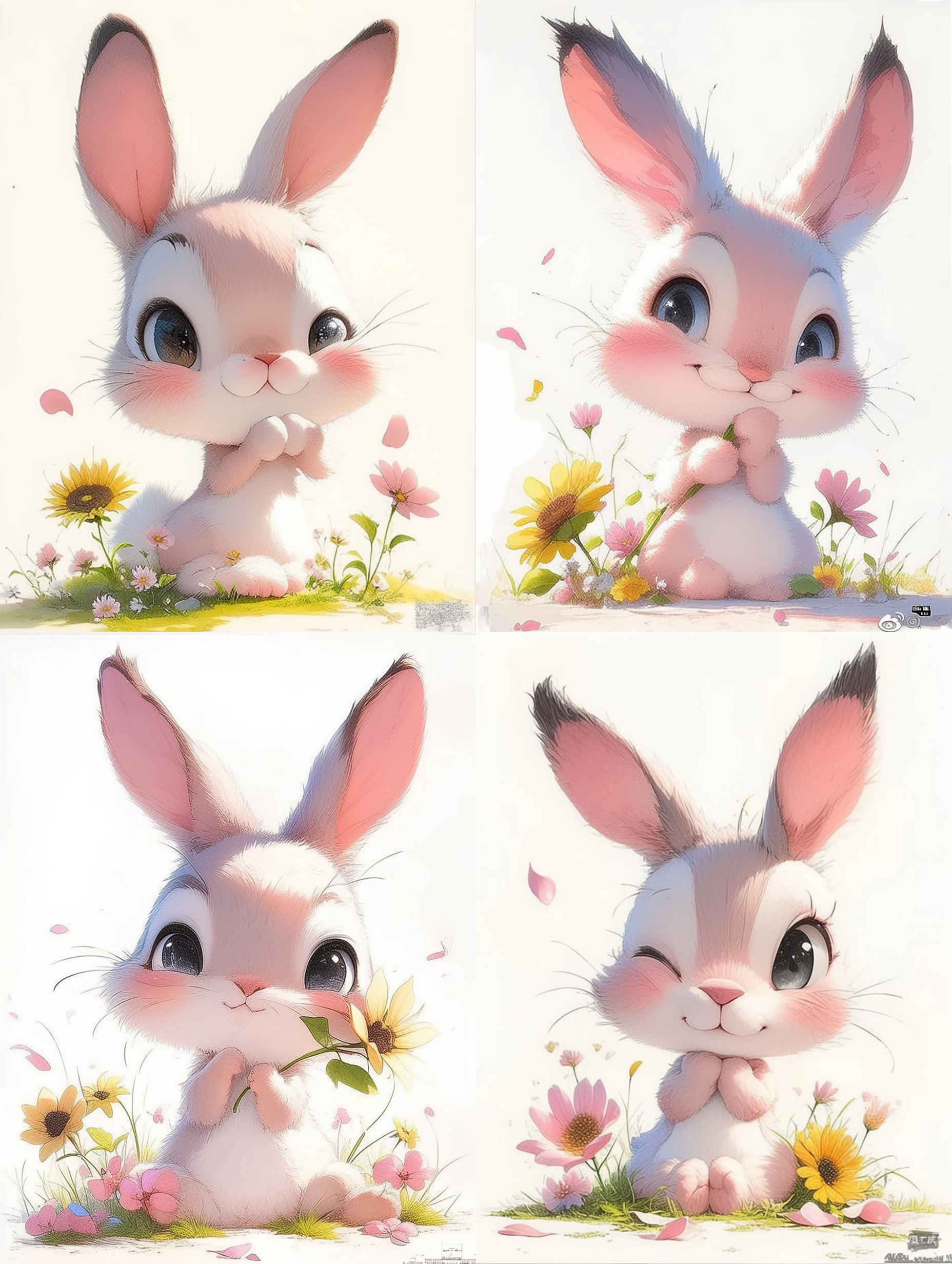 卡通兔，俏皮，大眼睛，细节精致，太阳花，桃花作为装饰，飘落的花瓣，治愈系，中画幅相机