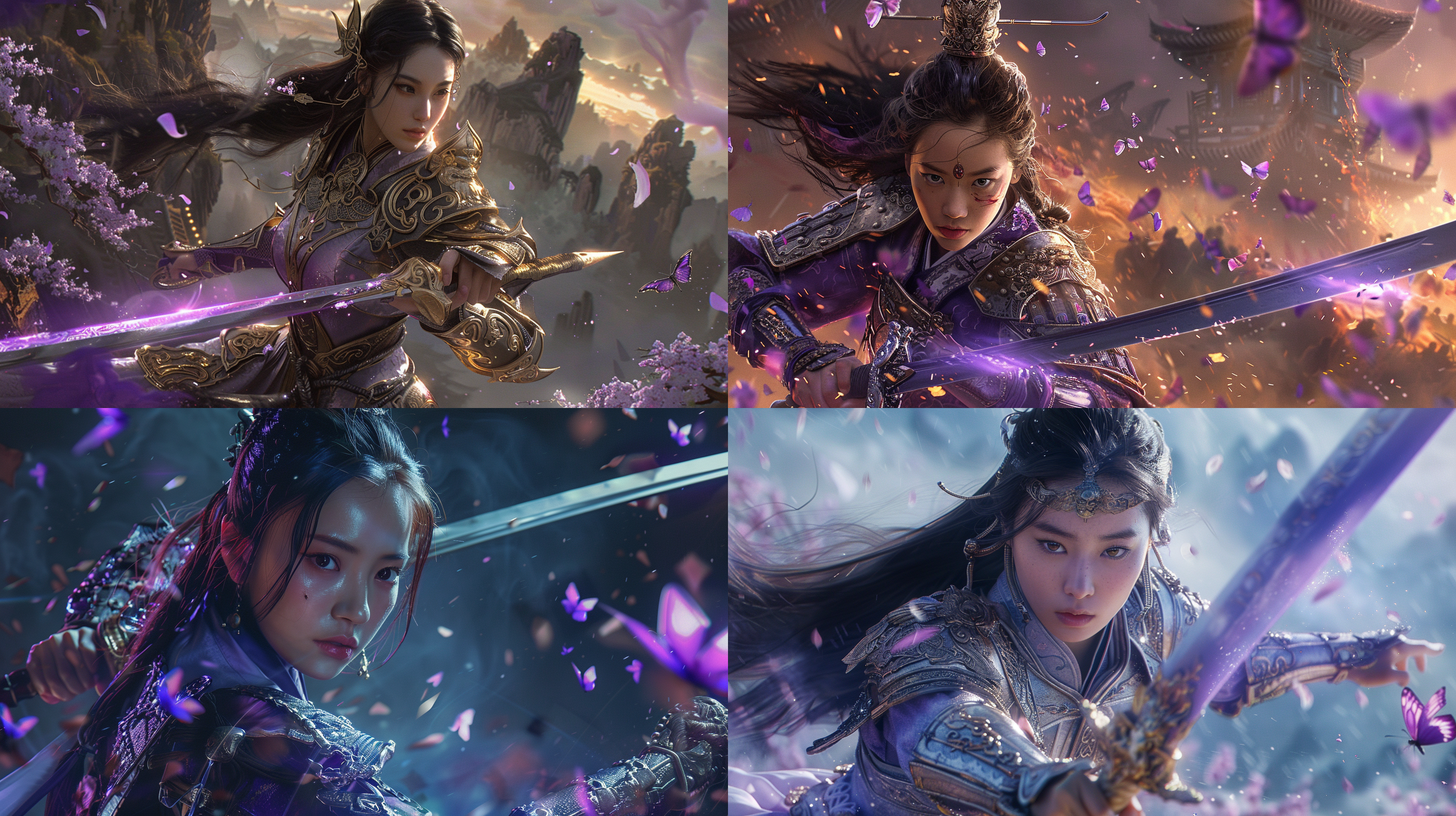 asian female warrior, radiant armor, tang sword, inspired by the classic of mountains and seas, purple butterfly, mysterious, divine, metallic texture, interplay of light and shadow, heroic, magnificent, 8k, masterpiece, cinematic effects, martial arts, classic of mountains and seas