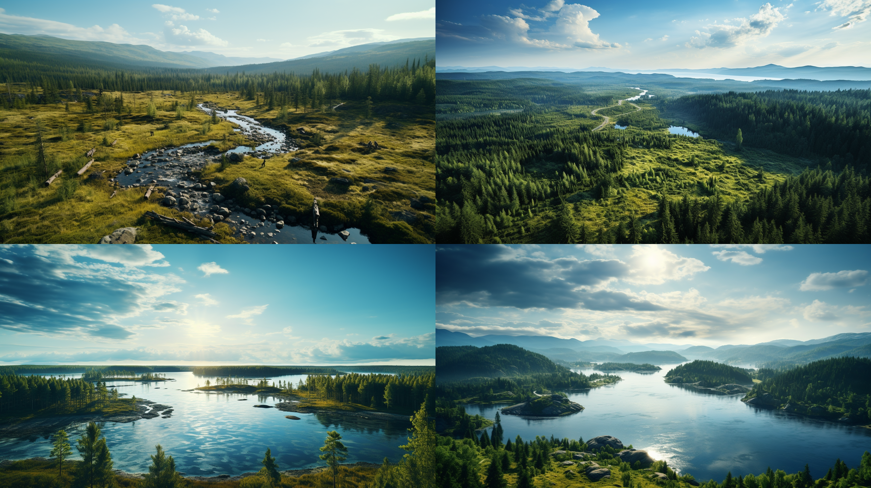 湖泊，树林，草地，无人机俯拍，清晨阳光，广角镜头，大景深, 自然风光，高清摄影