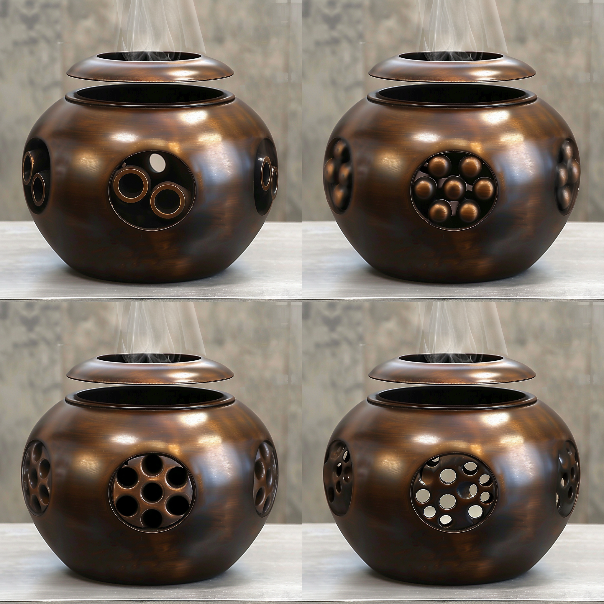 香炉细节，圆孔对称构图，简约雕刻，静物摄影，细节突出，暗色调，微光线，细节表现，静谧。