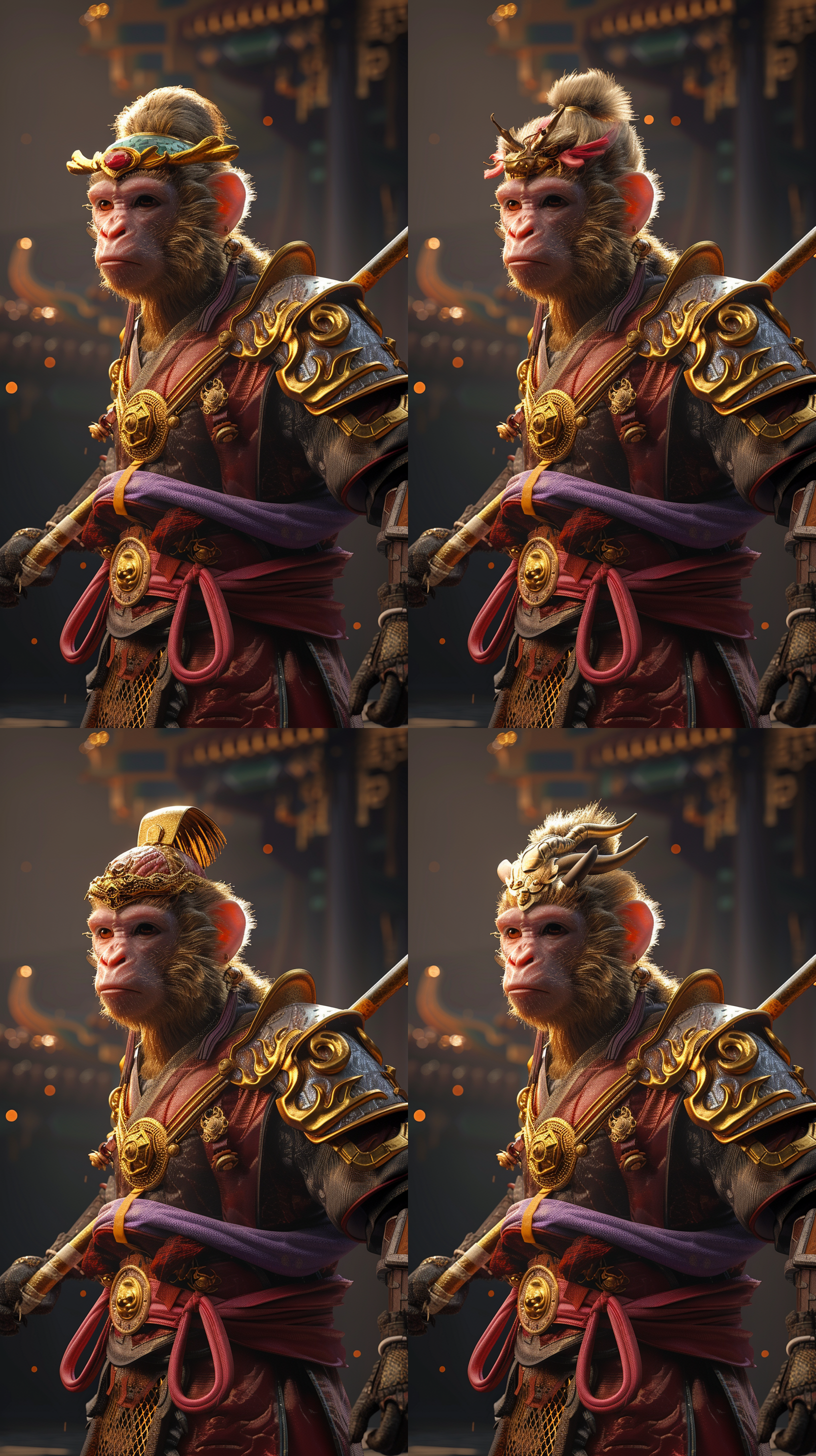 full-length portrait, a macaque, yellow hair, wearing chinese red and gold armor, a purple and gold crown on his head, holding a thick golden iron rod, c4d modeling, realistic lighting effects, full-body rendering, blurred backgrounds, intricate detailing, ultra high definition (32k), chinese style, chinese clothing, standing poses, dramatic poses, exudes martial arts fantasies, black and gold color scheme. 全身 武侠 中式服装