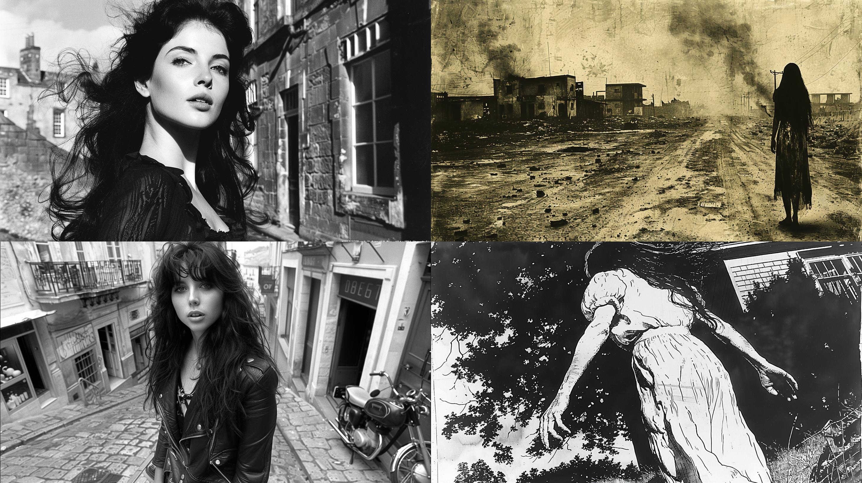 a woman with long hair standing in a street next to buildings and buildings with long hair in the wind, long black hair, a photocopy, fan qi, aestheticism