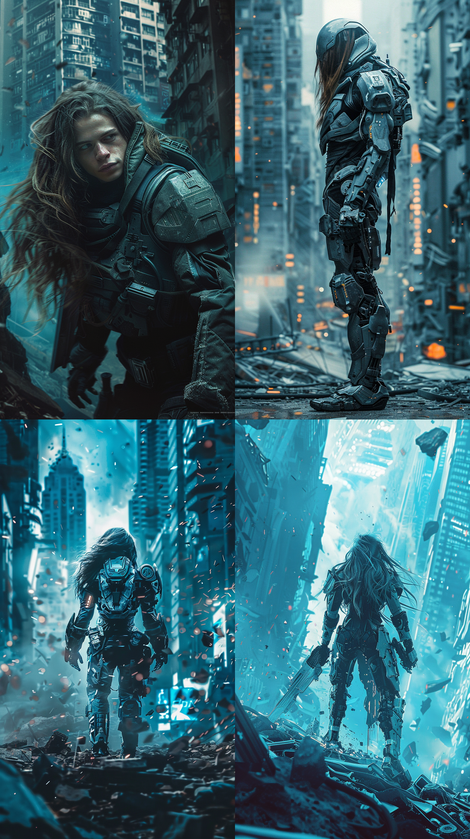长头发男孩穿着机甲，站在未来城市废墟中。构图对角线，高饱和度，金属质感，蓝色调，长焦镜头，逆光，动作准备战斗，震撼。