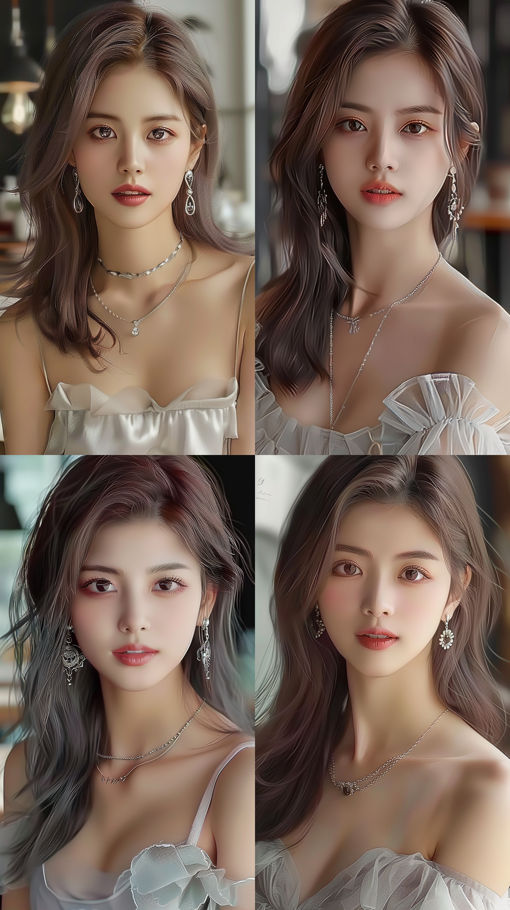 一个银色头发的女孩，亚洲，浅色连衣裙，戴着银色耳环，银色项链，真实照片，清晰的细节，咖啡厅店里背景，完全标记，快乐，阳光明媚，时尚。，穿着衣服