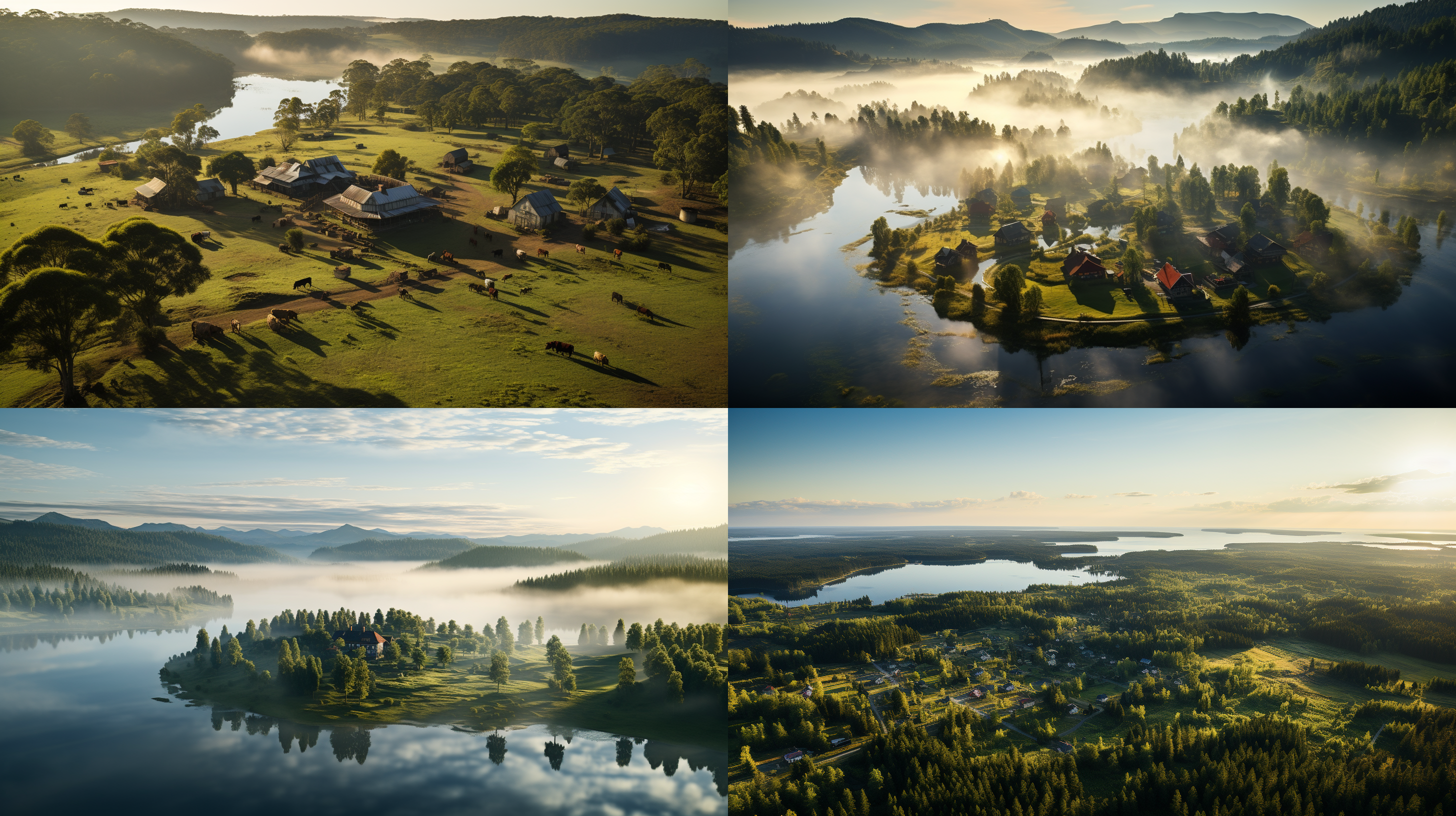 湖泊，树林，草地，无人机航拍，清晨，暖调阳光，农舍，广角镜头，大景深, 自然风光，高清摄影