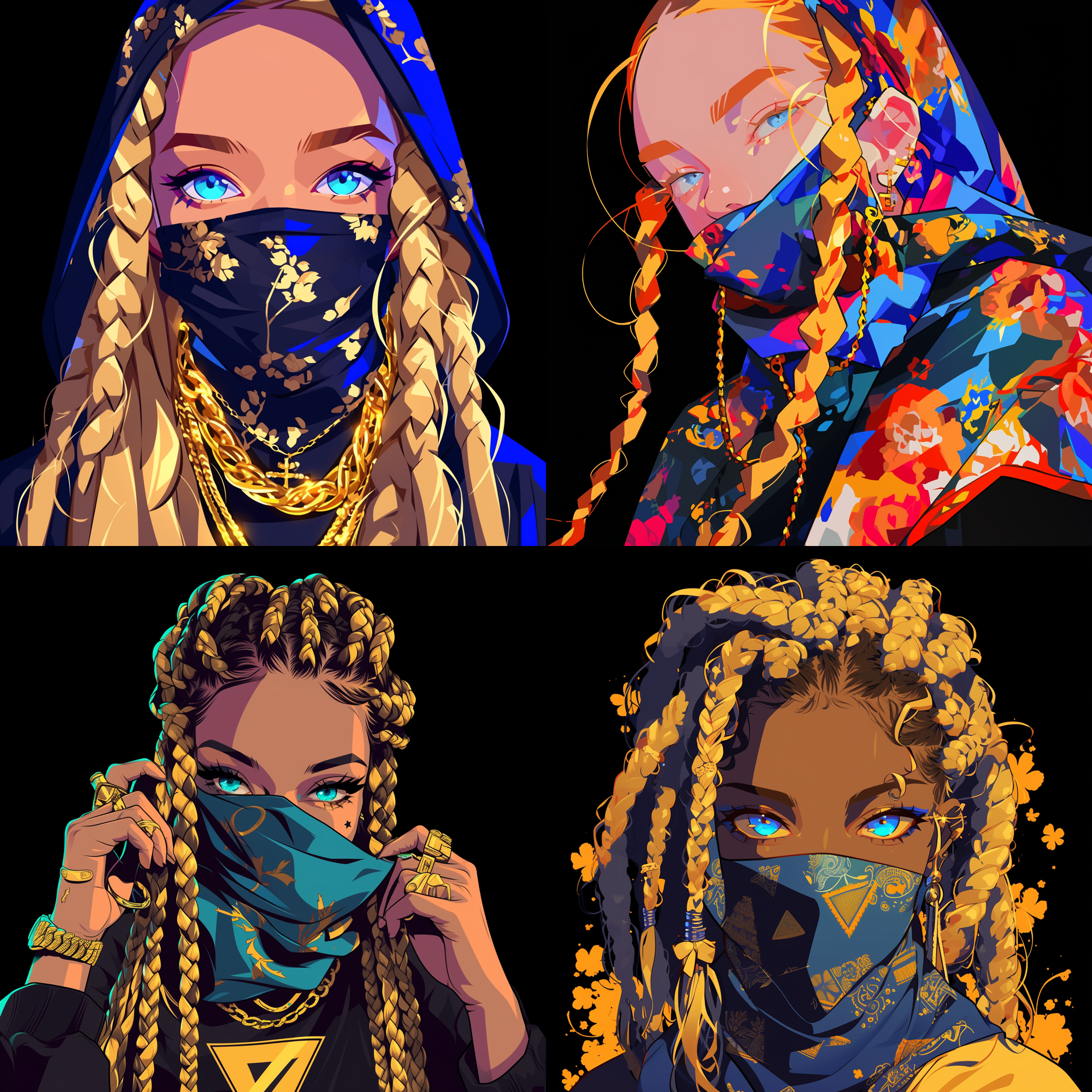 卡通头像，rap歌手，金色脏辫，腰果花三角巾遮脸，白皮肤，蓝眼睛，黑色背景，矢量插画, 动感，音乐，时尚，明亮色彩，细节丰富。