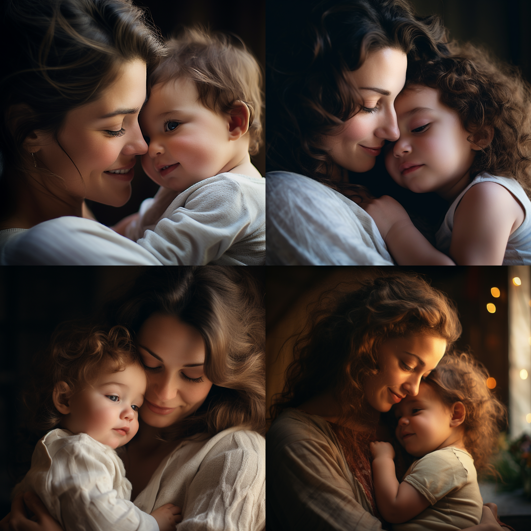 婴儿女孩，母爱，温馨，亲昵，白平衡，柔和光线，近景，50mm定焦镜头，家庭纪实风格，自然表情，蓝色调，抚摸，幸福。