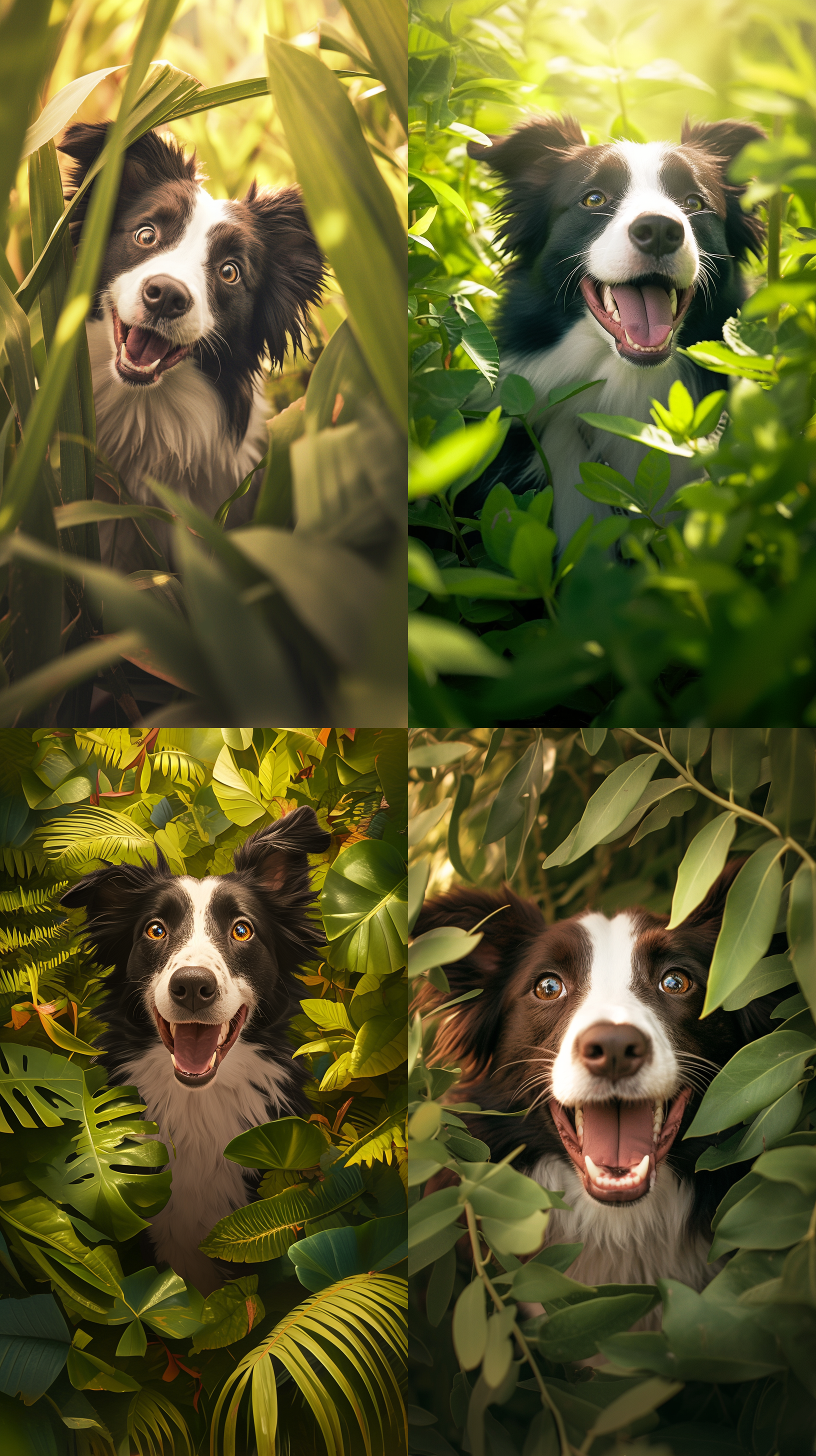 宠物边境牧羊犬，草丛环绕，头部探出，开心表情，特写，自然光，低角度，毛发细节，绿色调，喜悦。