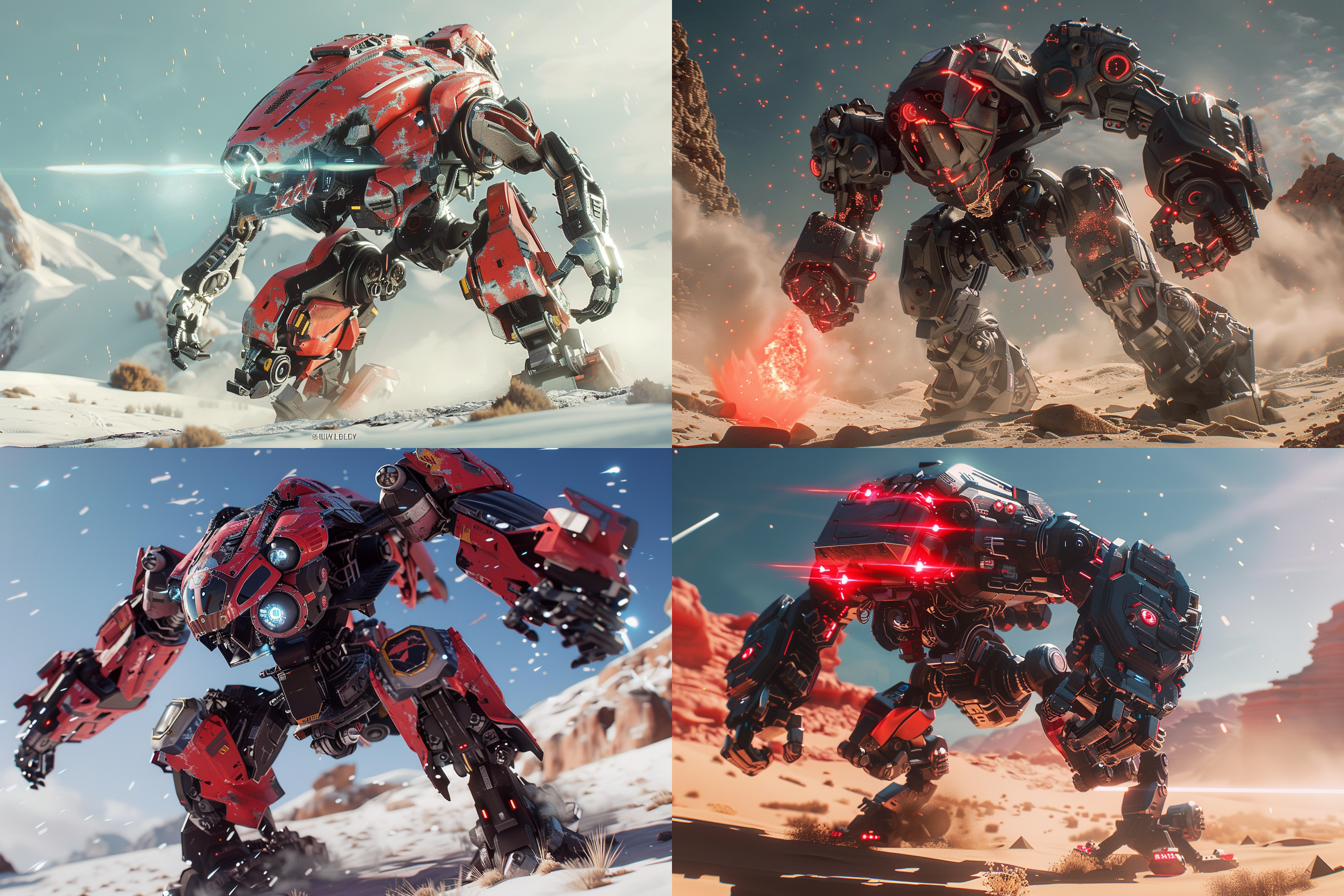 24k超清壁纸，未来机甲，战斗姿态，充满气势，威慑力，金属肌肉感，装备精良，超清，多细节机甲 创风格 虚幻引擎 沙漠 全身 仰视视角 红黑 冰冷 全局光 光粒子