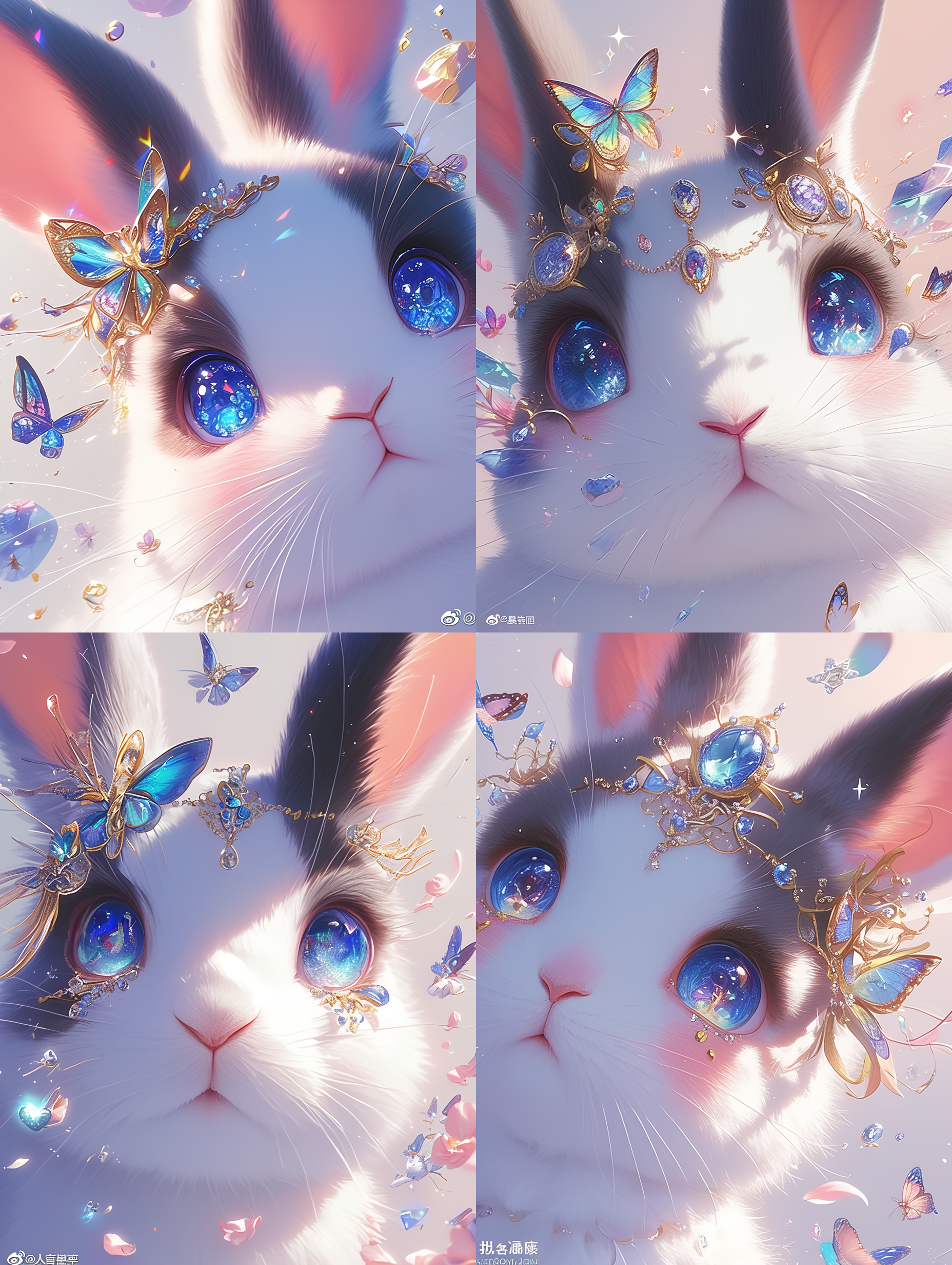 卡通兔，红宝石，俏皮，大眼睛，细节精致，红宝石桃花，蝴蝶，星光熠熠，粉色系，治愈系，中画幅相机