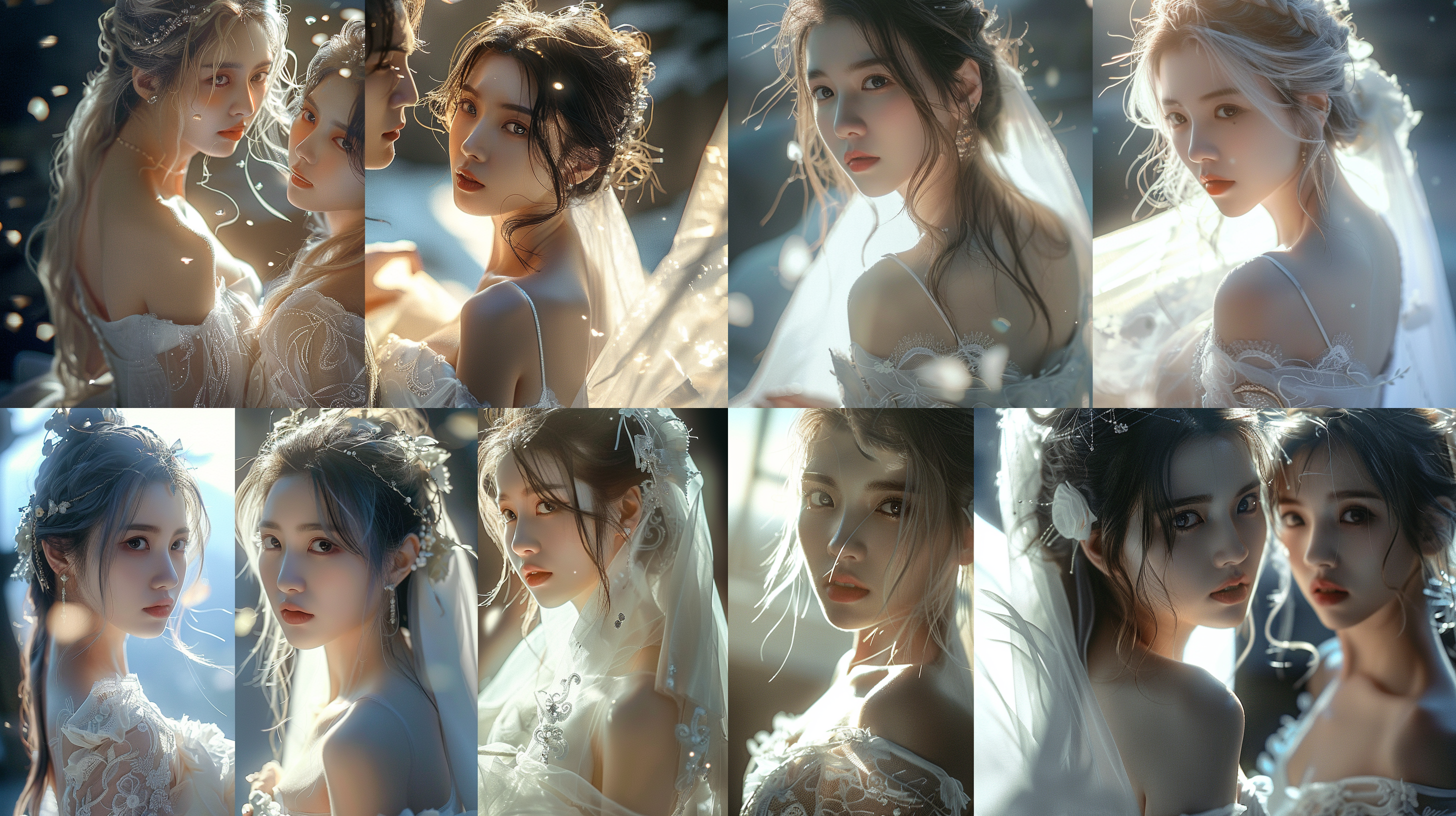 拜月，格斗之王，婚纱照，白色婚纱，柔和光线洒在头发上，直视镜头，8k，高清，9:16画面比例，快速拍摄，100%风格化。
