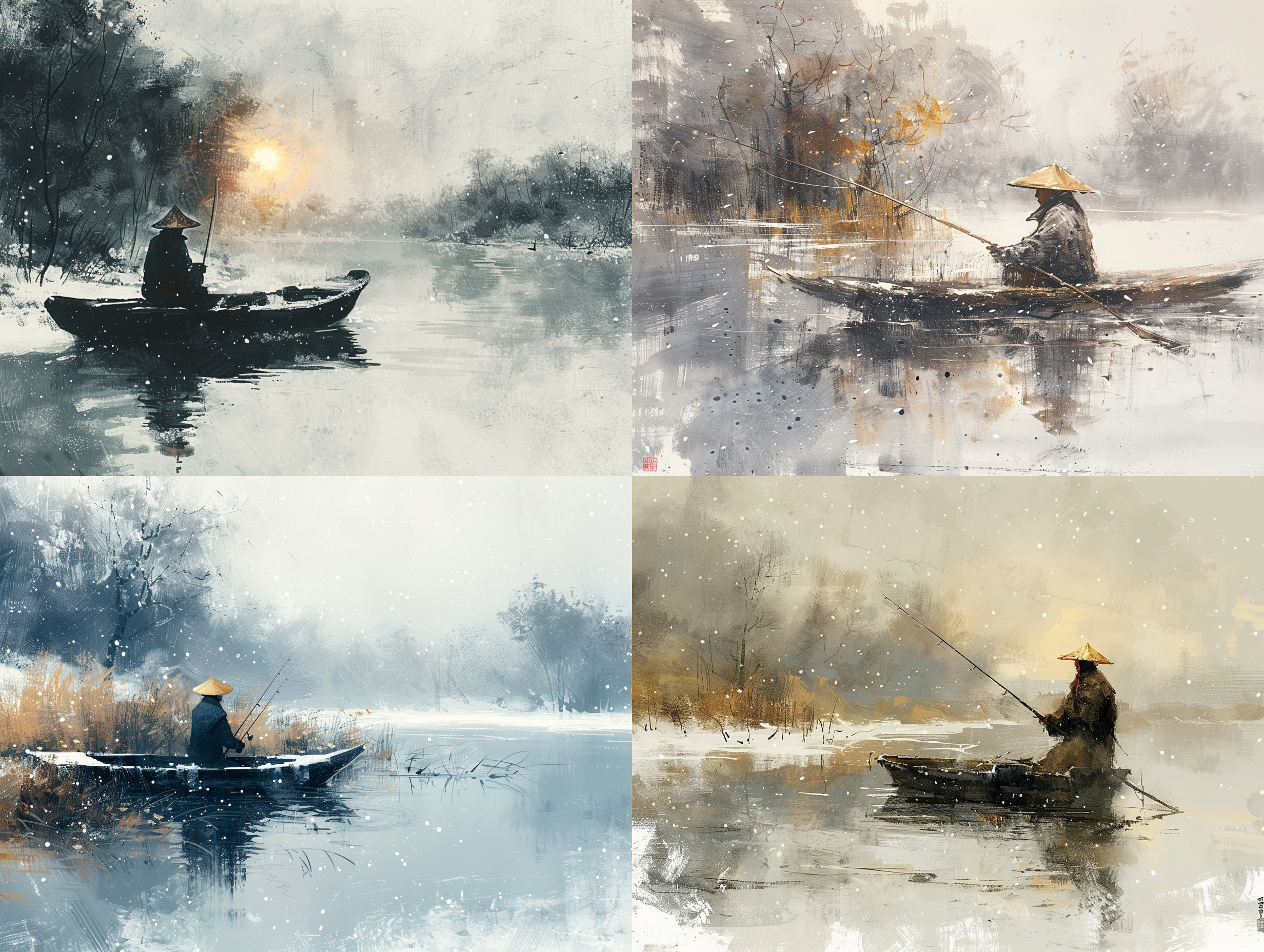 the old man is fishing alone in a boat, on the snowy riverbank, and the straw hat stands still. cold tones, static composition, ink painting style, clear details, tranquility and solitude, chinese painting atmosphere, impressionist light and shadow, mid shot, silence.