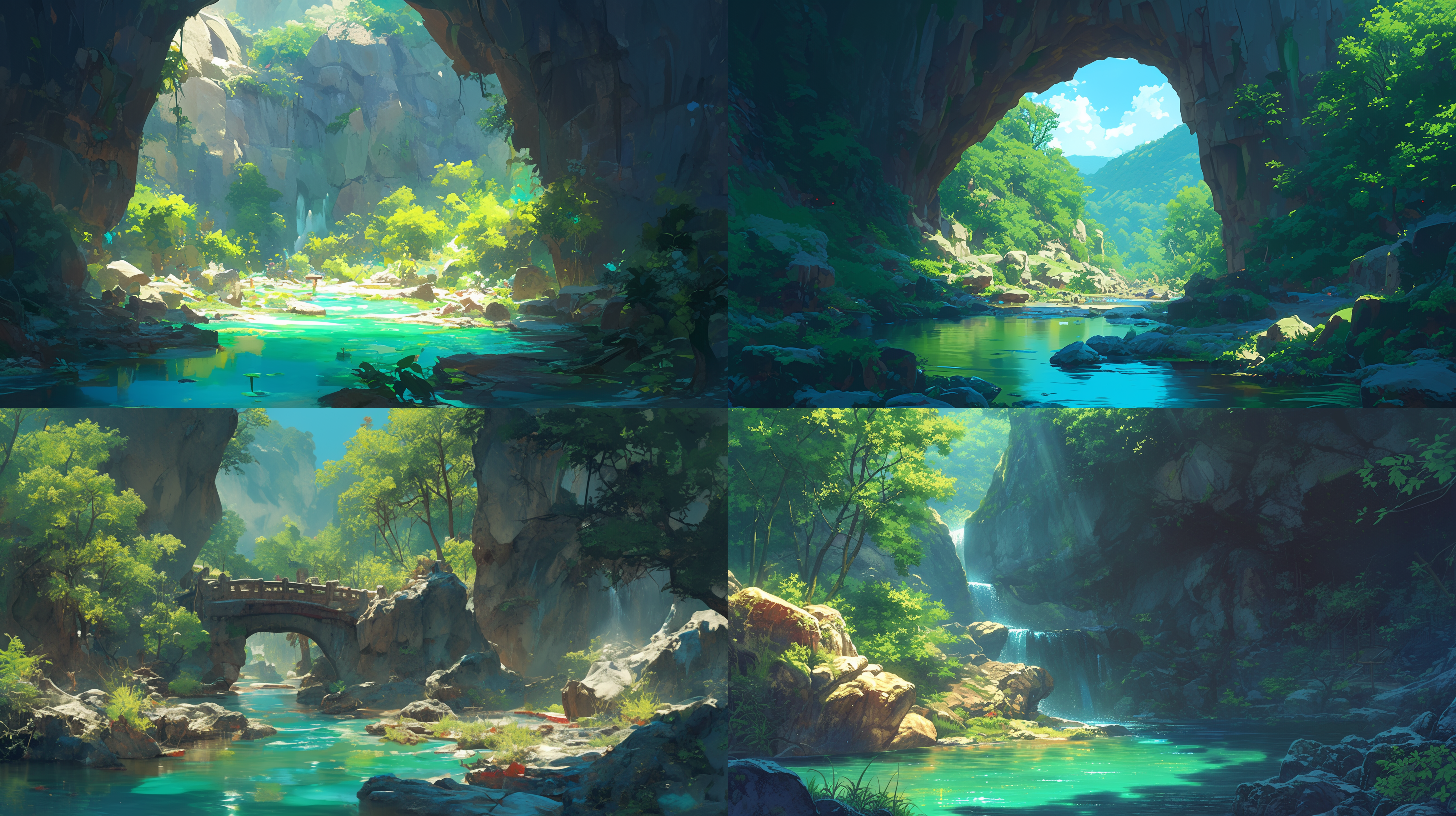 泉水流出洞口，细流形成，清澈见底，绿色植被环绕，自然光线，静态，清新，自然色调，微距镜头，细节丰富，平静。 国画