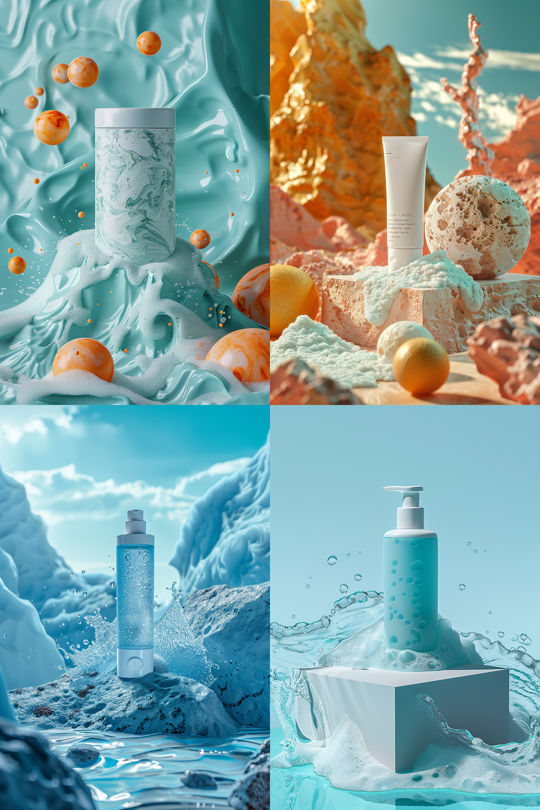 product photography, facial cleanser, background foam, natural light, futurism, style of van gogh, realistic, horizontal perspective composition, surrealism, c4d rendering