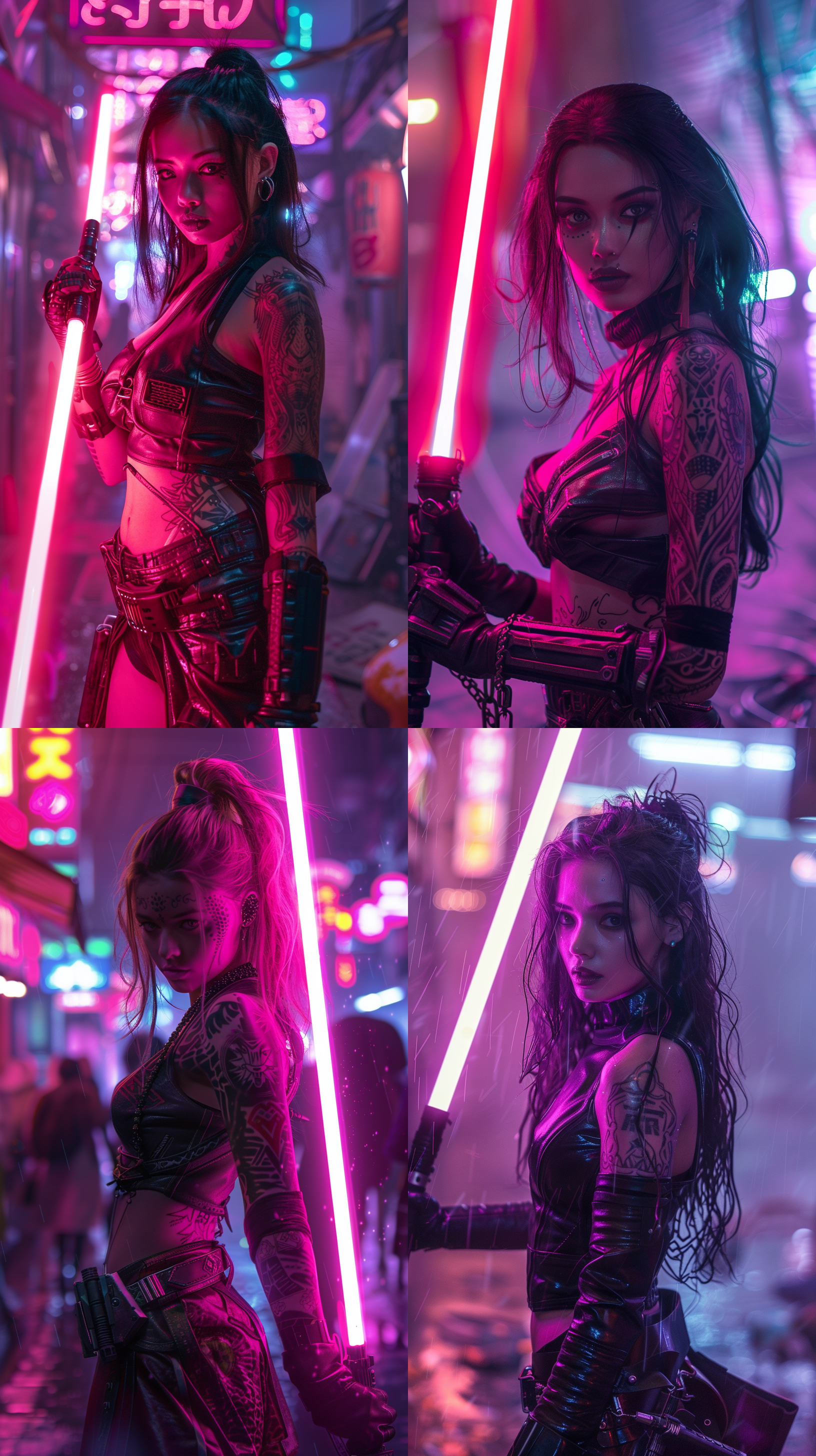 女武士赛博朋克风格，持激光剑，身着复古皮革服装，纹身图案，城市废墟，紫色烟雾，侧逆光，中景特写，霓虹灯光，自信微笑，未来主义。