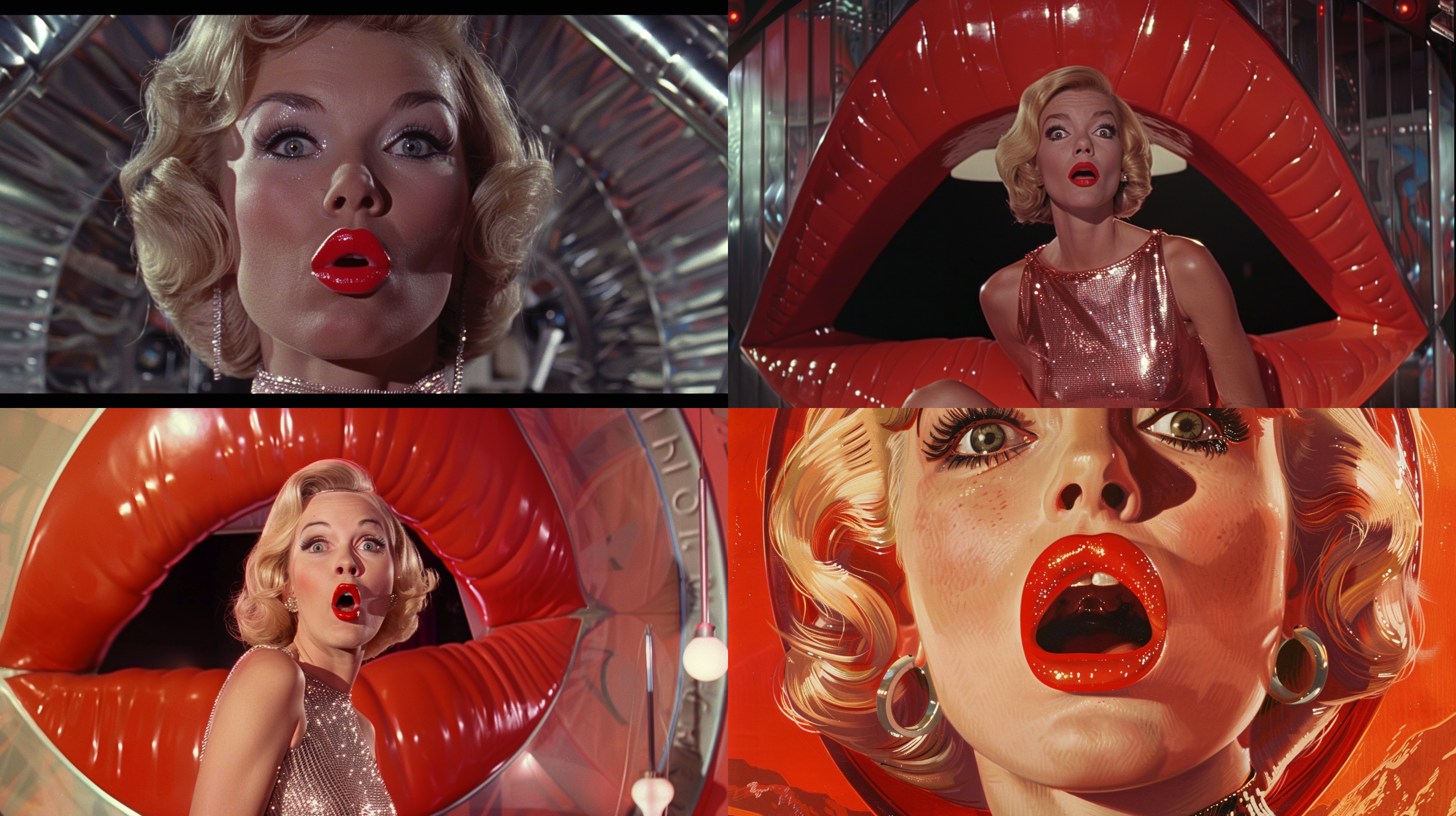 a huge lipstick, a beautiful blonde woman in a shiny dress, standing underneath, very surprised, wide-eyed, sci-fi, time in the 1960s