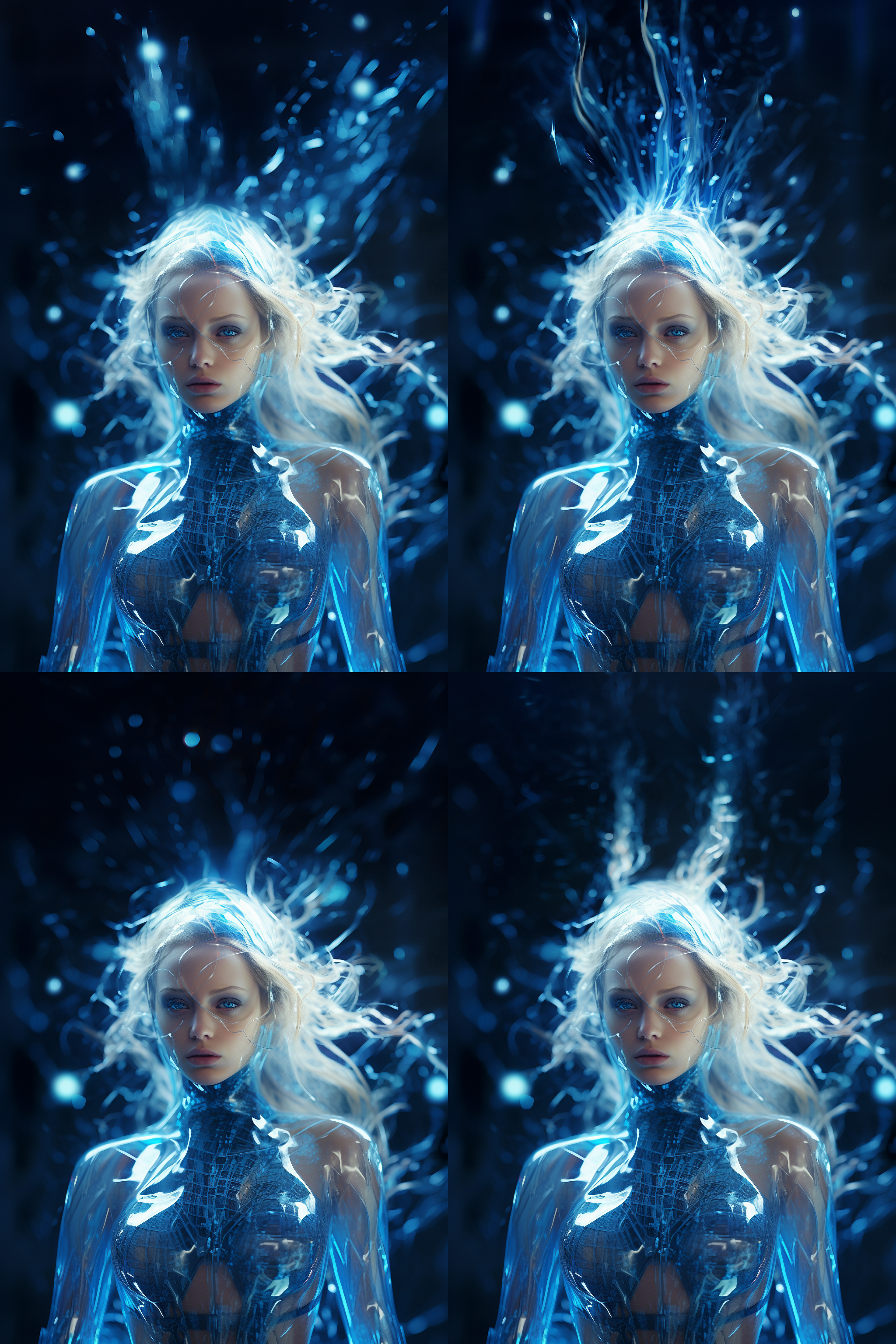 故障风少女，科幻色彩，透明肌肤，蓝色光辉，神秘眼神，故障材质服装，异世界，故障能量，时空交错，故障代码，孤独旅行者，勇敢战士，奇迹存在。, 科幻风格, 蓝色调, 透明感, 神秘眼神, 高科技服装, 异次元, 光线效果, 动作凌厉, 勇敢表情, 孤独情绪, 时间扭曲。