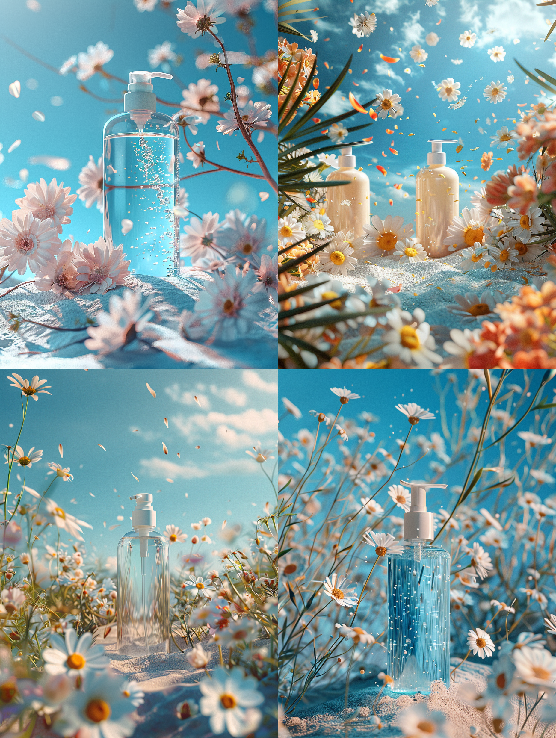 product photography， the main theme is shampoo with blue sky, some clean sand， morandi color matching ， surrounded by flowers with petals falling, sunlight refracting, high detail, high quality, photography, 8k, octane render, profile， fujifilm xf f/1.8, 70mm, epic lighting, iso200 shot by canon clean images