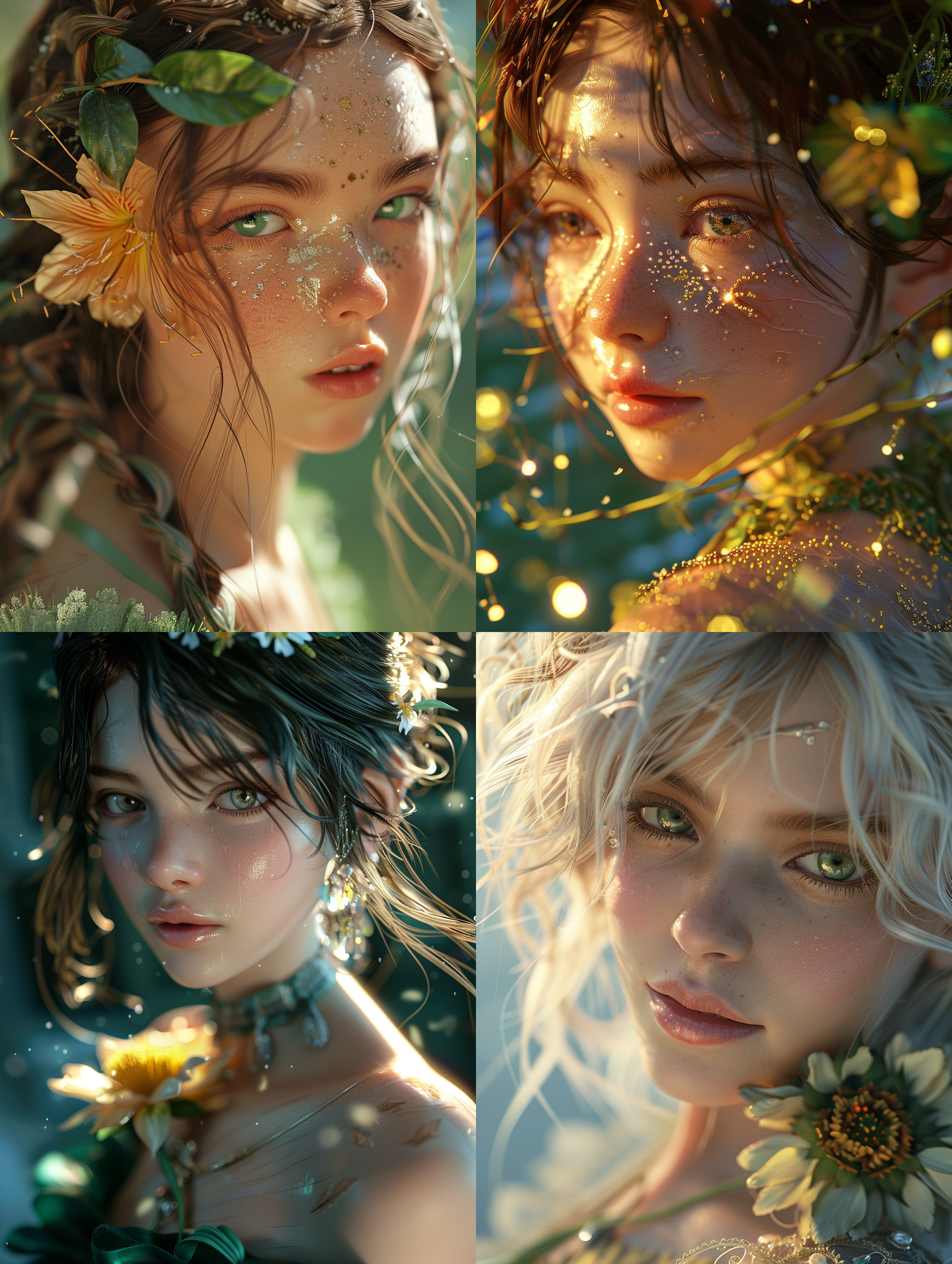 the girl is with a flower on her shoulder, in the style of light gold and emerald, anime-inspired characters, lifelike renderings, tangled nests, light-filled, lively tableaus, aurorapunk,ornate detailing,hyper-realistic,many details,glow effect,high detail,detail shot(ecu),unreal engine,quixel megascans render,3d