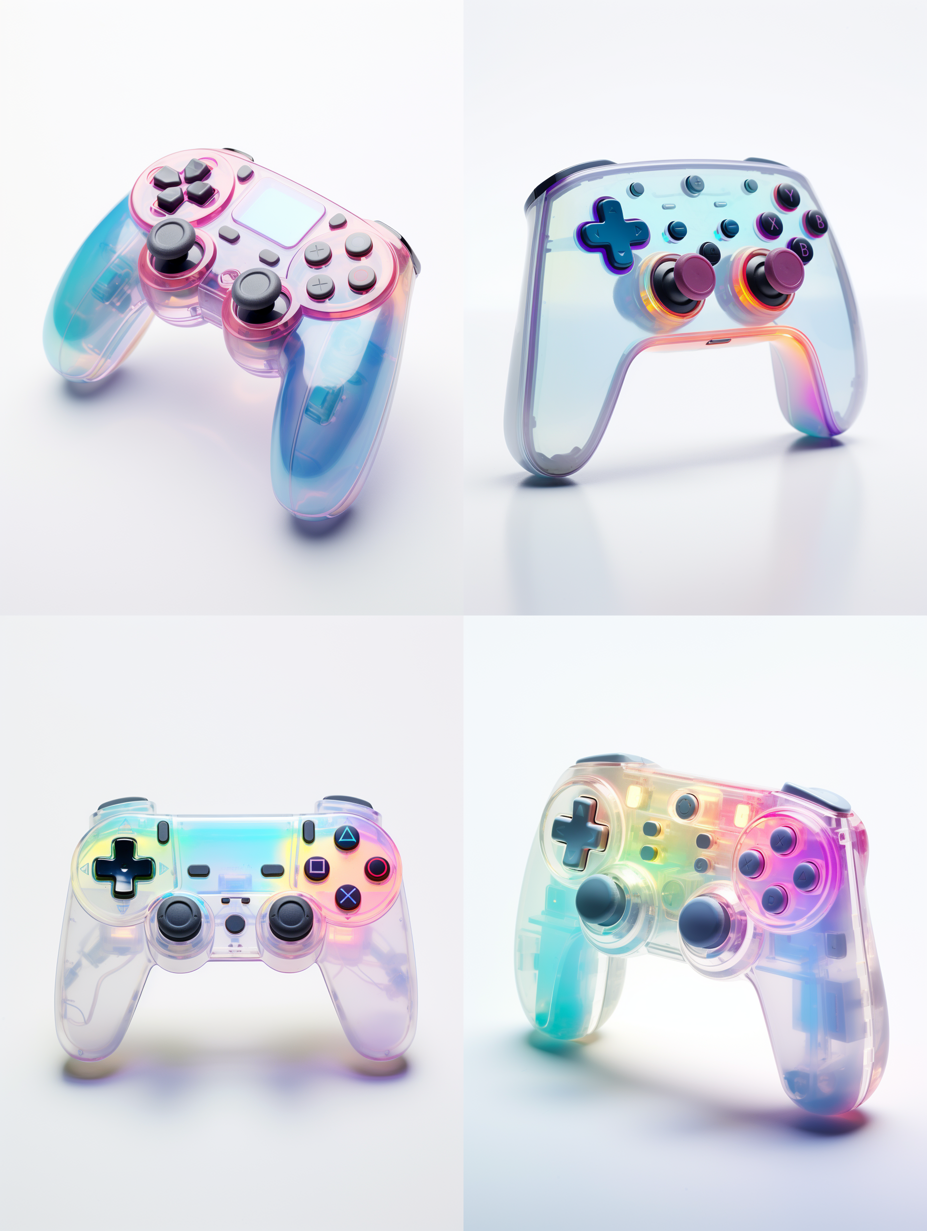 a game controller,holographic,sincere,opre,smooth surface,colorful transparent plastic,designed by dieter rams,high detail,4k,industrial design,white background,solid,profile,sleek glass thickness,studio lighting,4k