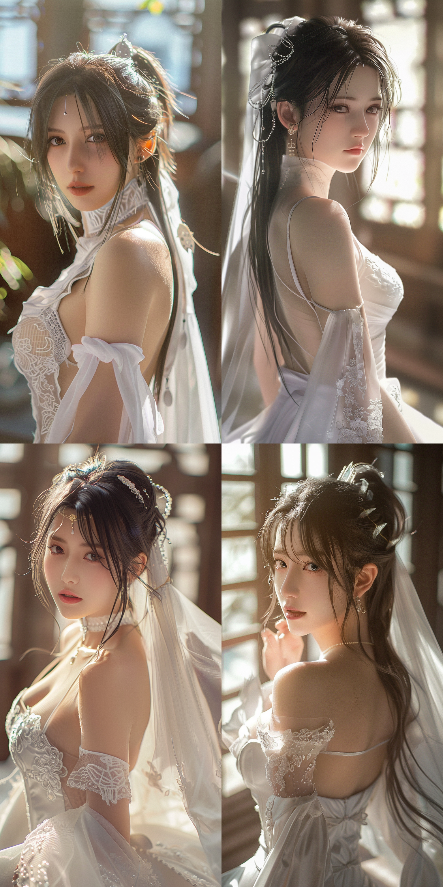 mai,king of fighters,distant lens, full-body display,wedding photos, white wedding dress, gentle light shining on the hair, looking at the camera,8k.