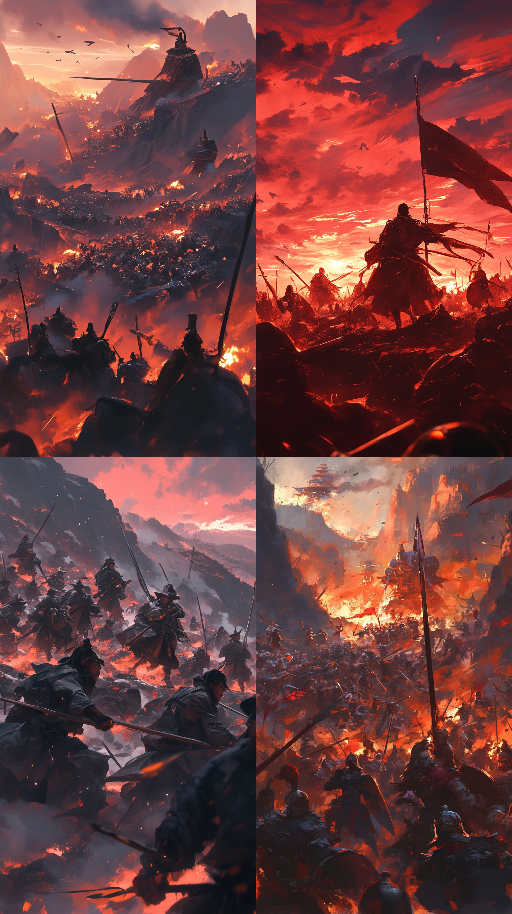 激烈战斗, 山脉峡谷, 乌云压抑, 紧张, 古代战士, 长枪刀剑, 坚定决心, 硝烟火焰, 壮观残酷, 战争氛围, 战争场面, 战斗景象, 古代战袍, 脸部表情, 紧张气氛, 高对比度, 暗调 lighting