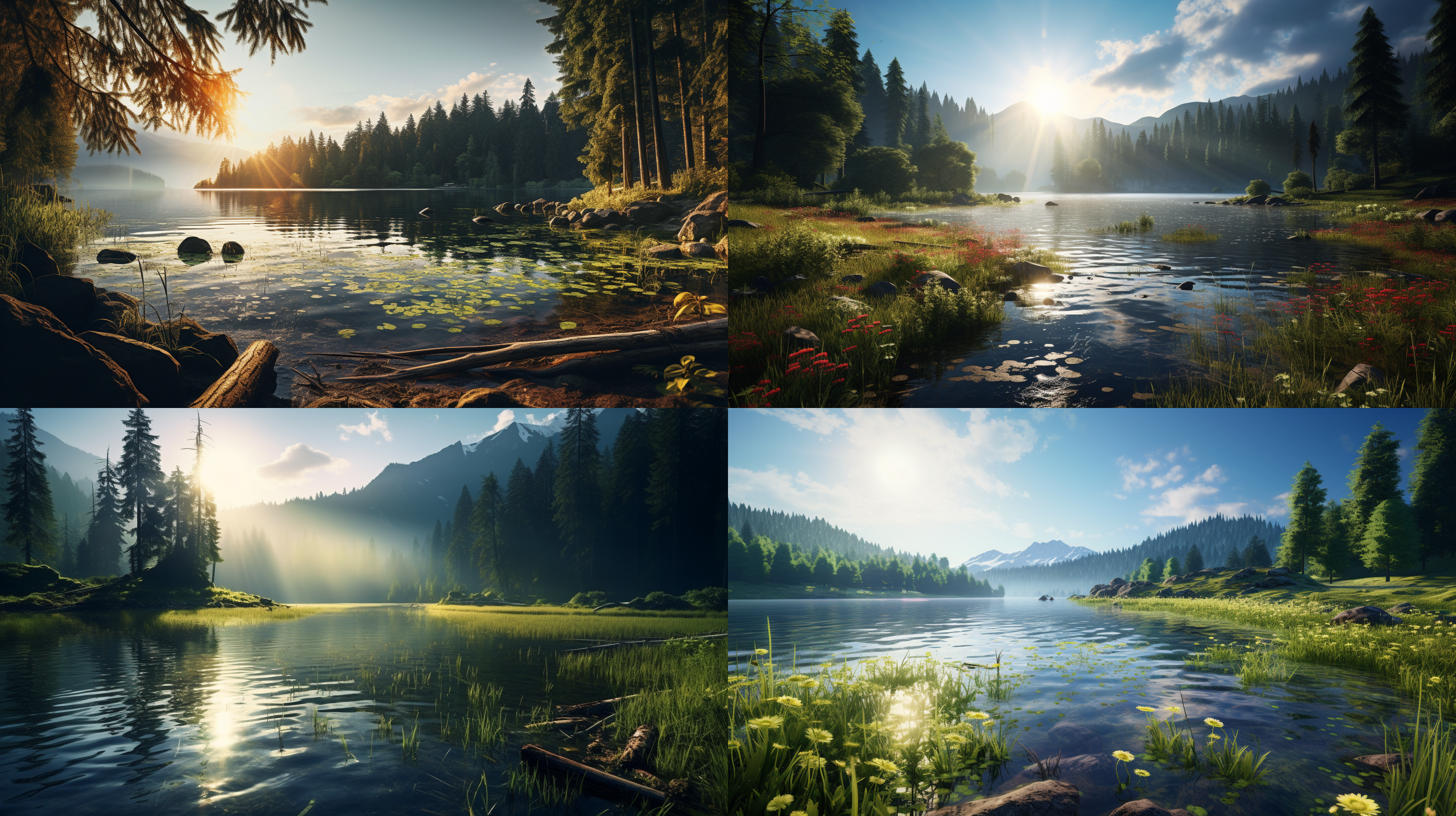 湖泊，树林，草地，清晨阳光，广角镜头，大景深, 自然风光, 前景突出, 阳光照射, 自然色调, 湖面倒影, 宁静, 清新。