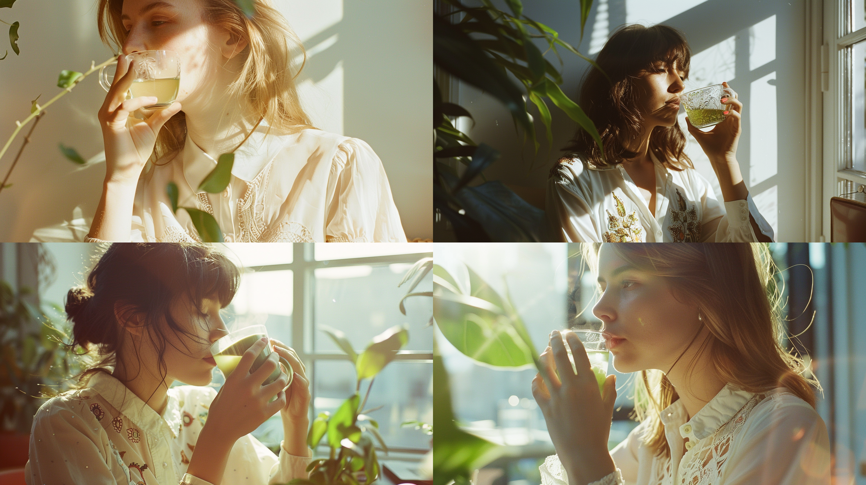 女性喝绿茶，白色绣花衬衫，办公室背景，电影风格，优雅细节，强阳光环境光，sony相机，kodak polaroid 3200dpi扫描，中画幅portra 800，时尚拍摄，超现实主义，全身，远景透视，丁达尔效应，太阳光，开心。