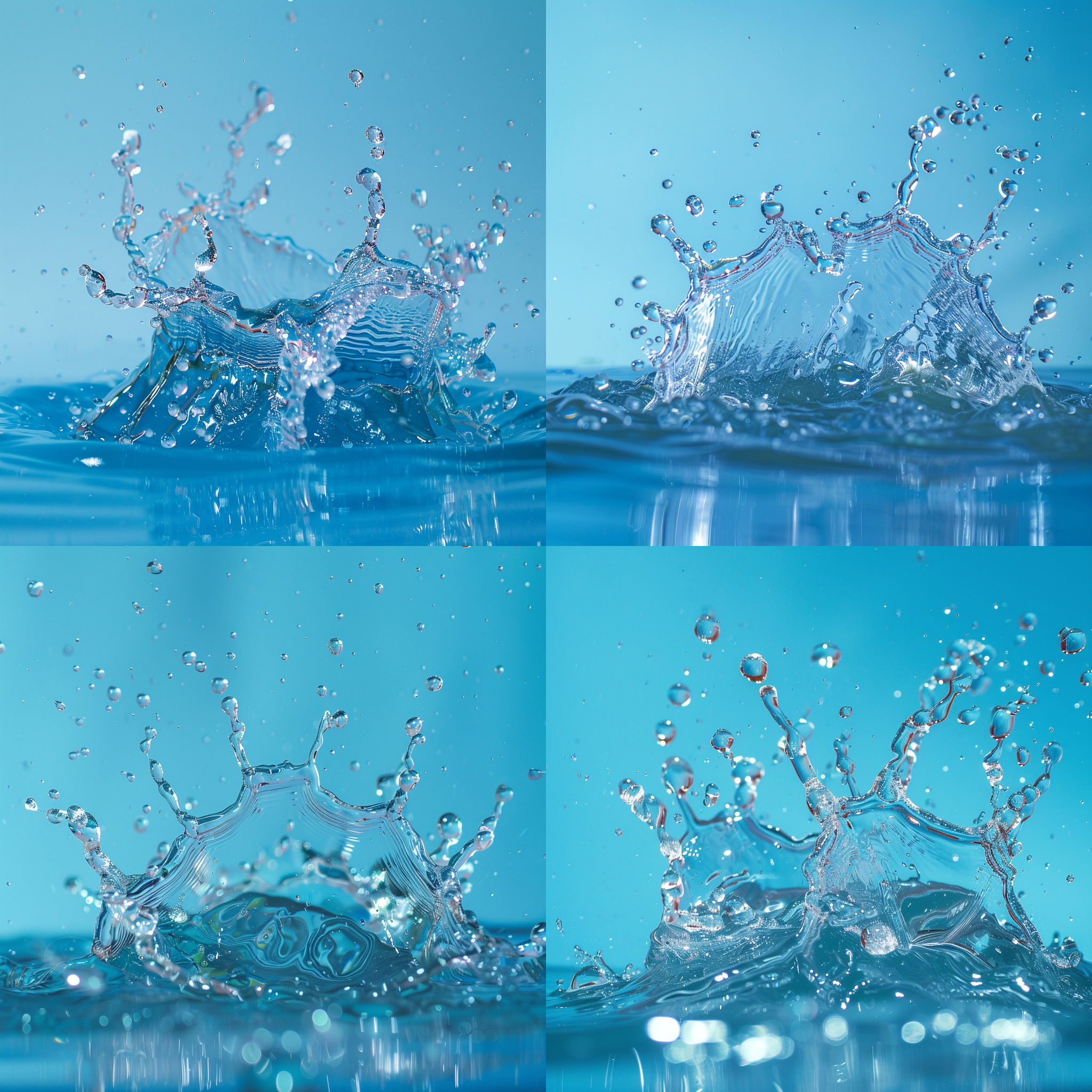浅蓝色背景，溅起的水花，飞溅水珠，高速快门，宽广视角，动态冻结，细节捕捉，清晰逼真，活力四溢，鲜艳颜色，兴奋。