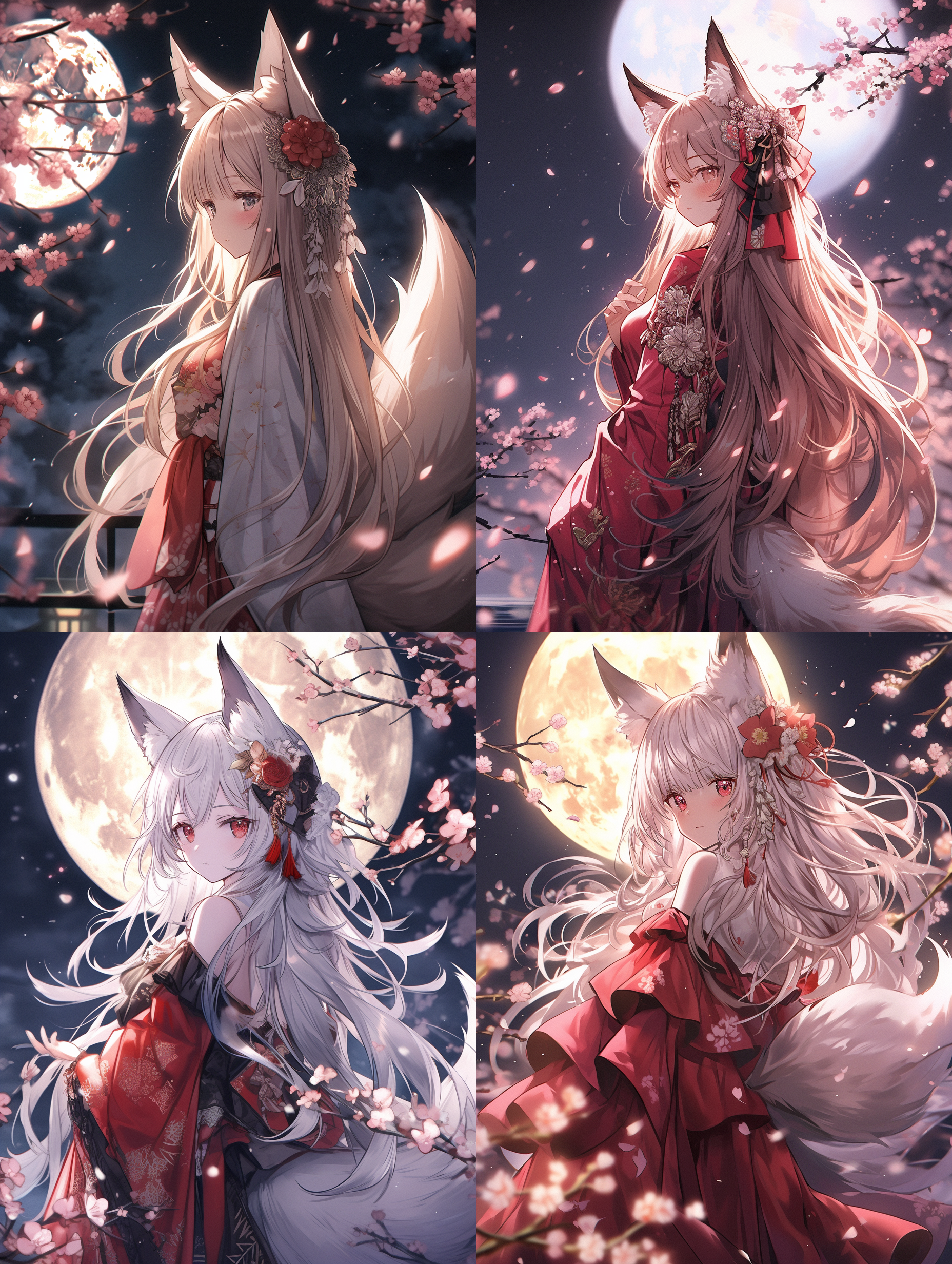狐狸女孩, 站立, 月光下, 樱花树枝, 长发飘逸, 红丝带光线追踪, 白花头饰, 多尾巴狐狸耳, 粉红花环, 长袖长裙, 红色腰带, 发饰, 月亮背景, 眼神凝视, 张开嘴唇, 满月夜晚, 花瓣飘落。 沙漠 山海经