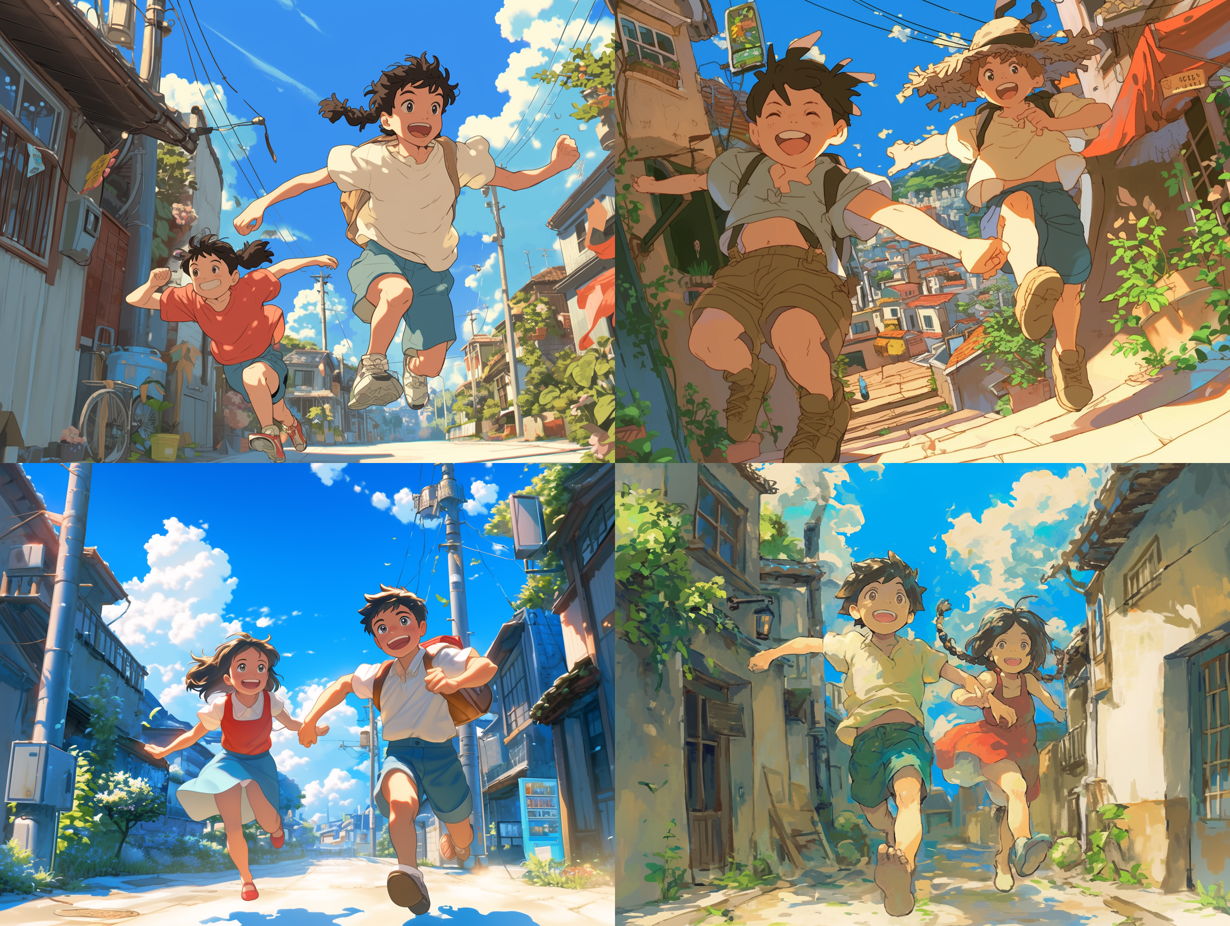 小男孩和小女孩，在街道上奔跑，治愈系，宫崎骏画风，