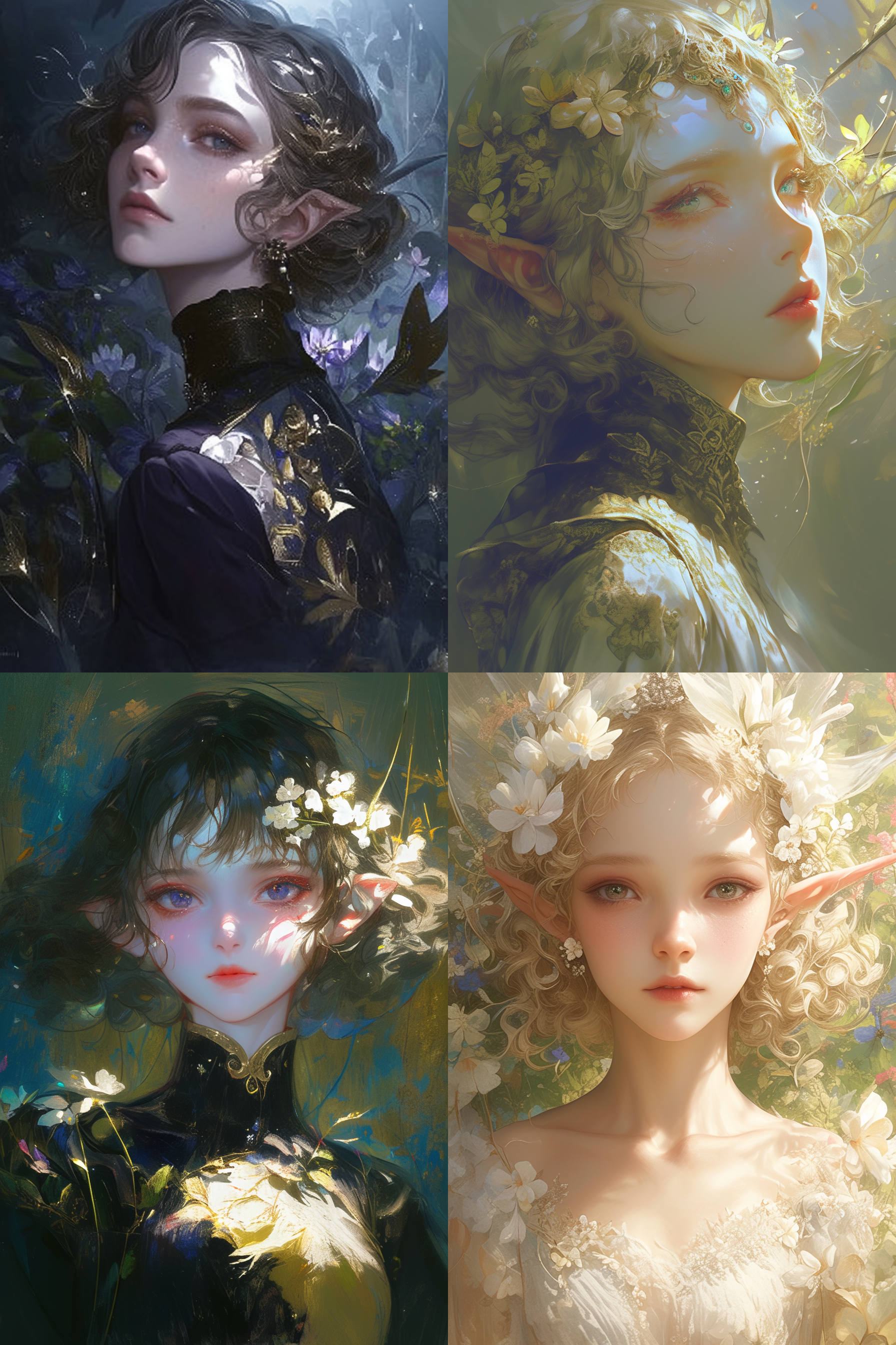 new gongbi, three-dimensional, monet, symmetrical composition, dark tones, light transmission, use of light and shadow, fairy tale feel, frosted roundness, fairy tale forest, an elf girl with short hair, exquisite details, regular facial features, fresh style, flowers growing in messy curly hair , melancholy expression, big questioning eyes, graceful posture, high precision, movie lens