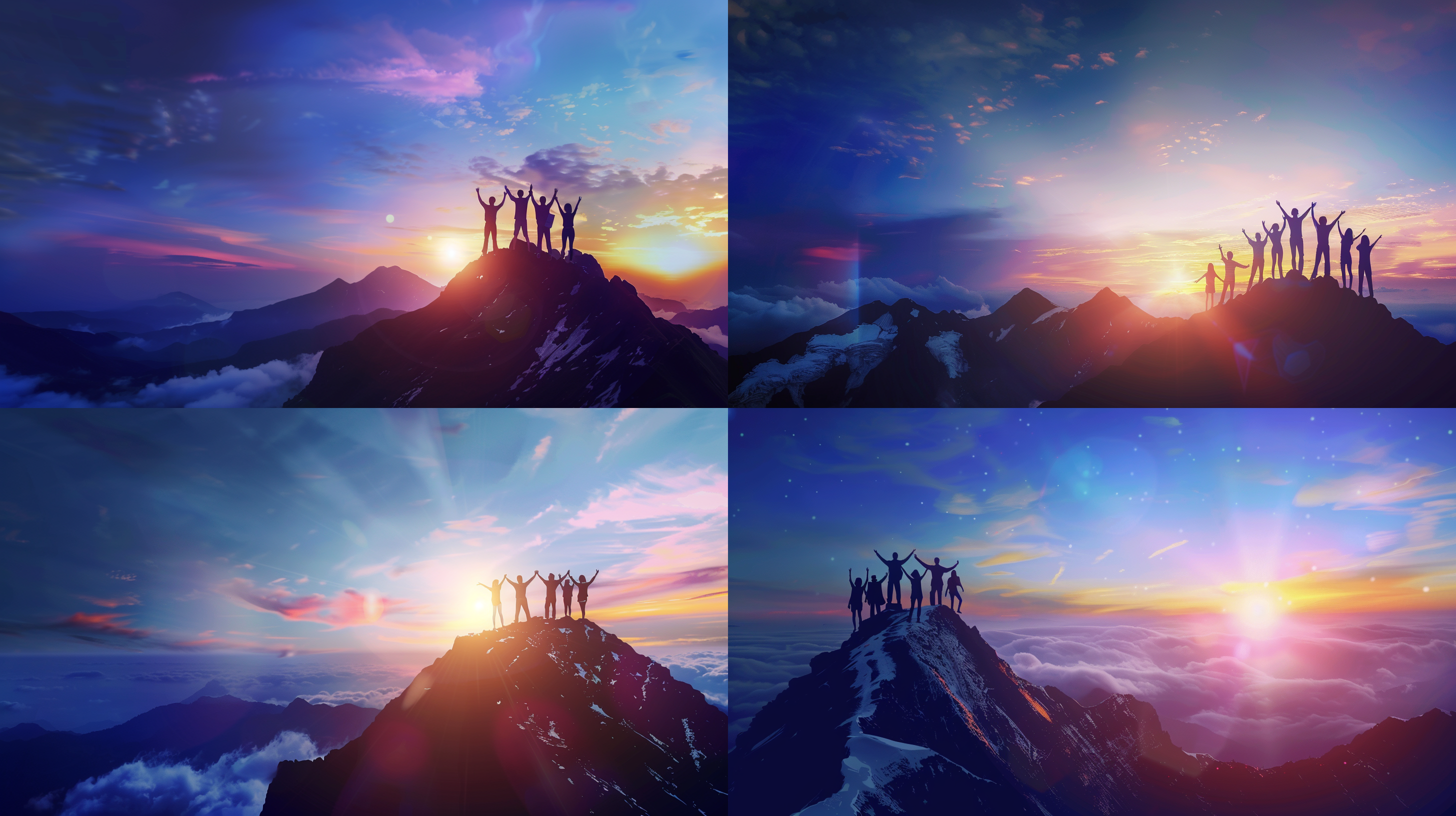 企业团队合作，人们手牵手站在山顶，远望壮丽的日出景色。镜头透视感强，构图对称，使用广角镜头，明亮的光线照耀下，呈现温暖的色调。人们脸上洋溢着自信和希望的笑容，展现着励志和梦想前行的精神。团结、拼搏、奋斗、成功、积极、向上、激情、挑战。