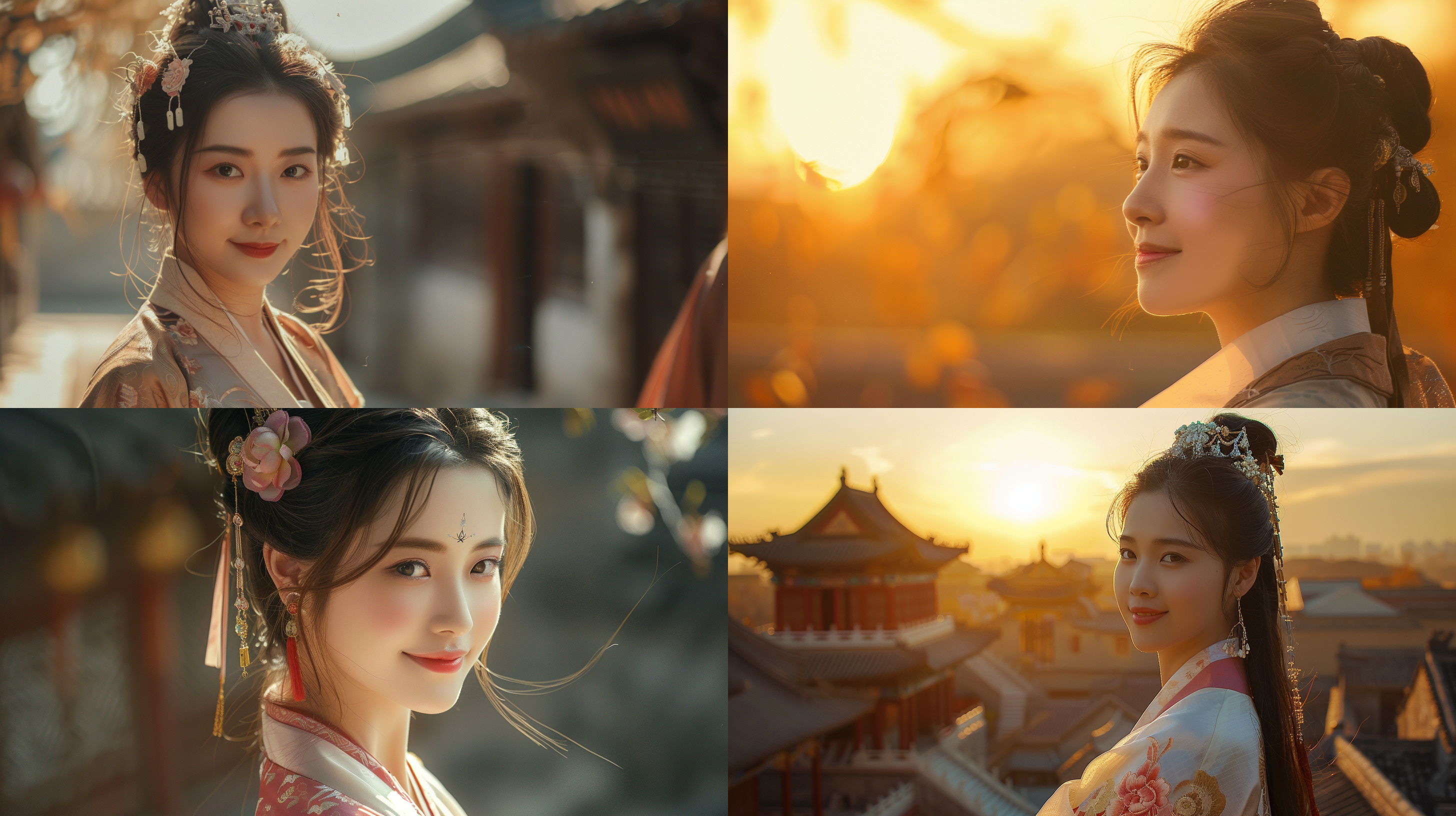 china's ancient walls, dressed in the warring states era of beautiful women, head slightly raised, looking into the distance, smile, soft light, panoramic, the sun on the cheeks, looking forward to