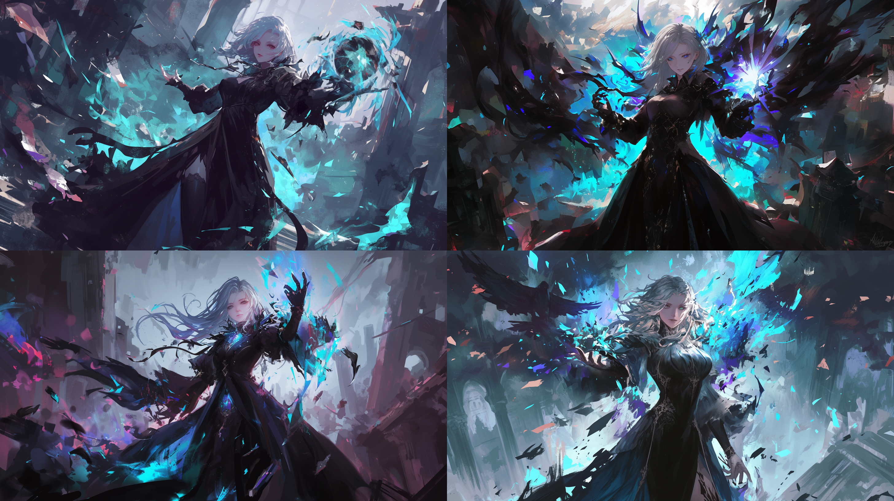 银色头发的女魔法师，表情冷酷无情，释放黑魔法，周围现实空间如同玻璃般破碎开，废墟背景，色彩对比