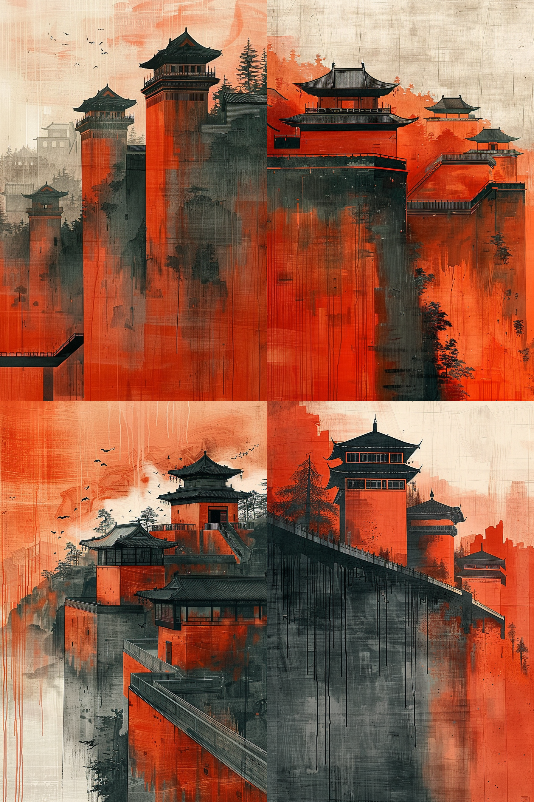minimalist song dynasty mural by alessandro gottardo, dream of red mansions, heian period, zen, dark orange and light beige style, enigmatic figures, elegant cityscape, historical painting, super fine detail, monumental mural, fine brushwork style