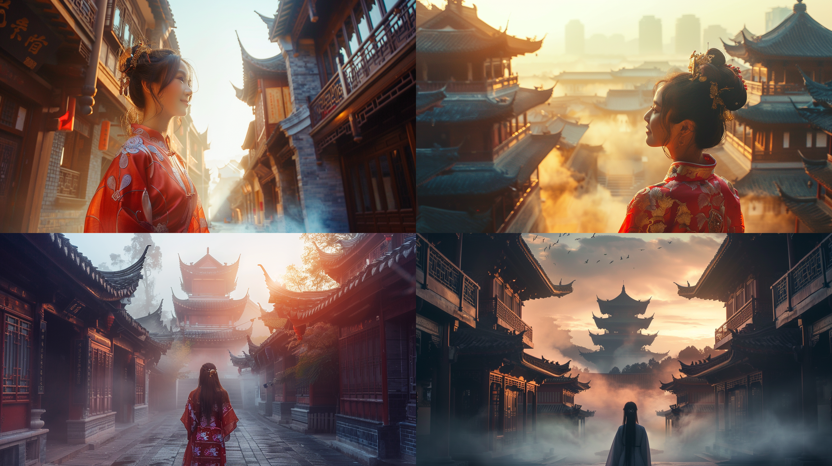 early in the morning, backlit, a beautiful chinese woman, dressed in chinese hanfu, looks up at the ancient buildings on either side, smiling, comfortable, soft light, highest quality, clear texture, fog gradually dispersed, panorama
