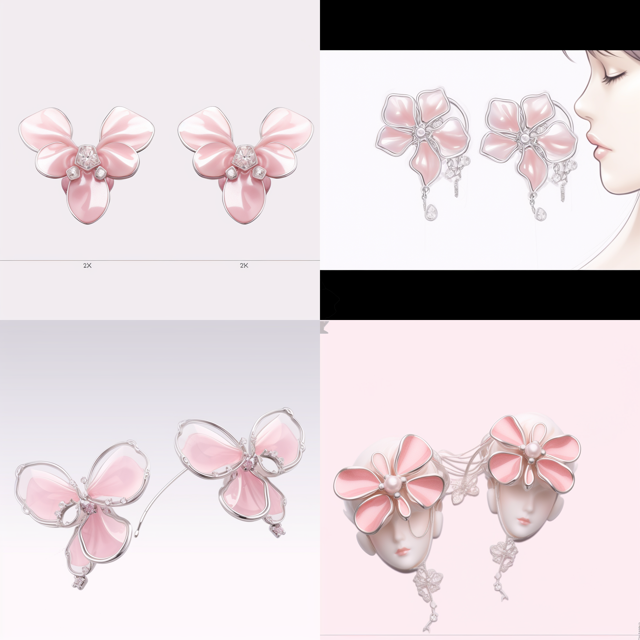 frilled blooming collar, production art, ultra clear detailed, inspired by fei danxu, pink headphones, thick bow, diagram specifications notations, shiny jewels, detailed lashes, measurements, very tiny, cutout, blurry distant background, hints of silver jewelry, catalog