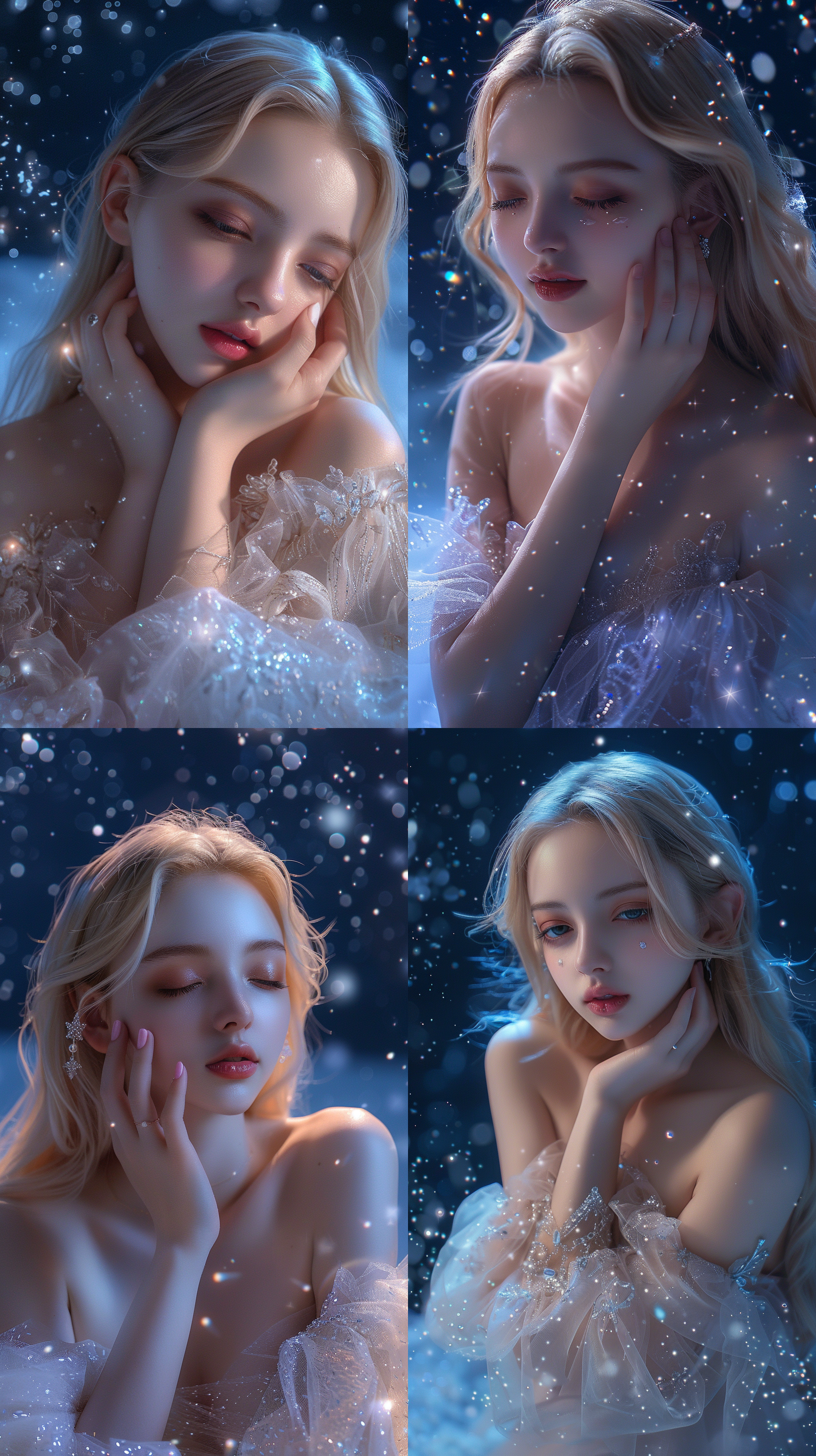 漂亮女孩 ，表情丰富，双手撑着脸颊，站在夜空下，脚上穿着水晶鞋，全身照，全景，穿着公主长纱裙，自信，眼神坚定，展示面容 细节丰富，色调明亮，动态角度，动态视角 超清渲染 超高清画质， 4k视频， 明亮的，照片写实 多姿势角色 全身照。