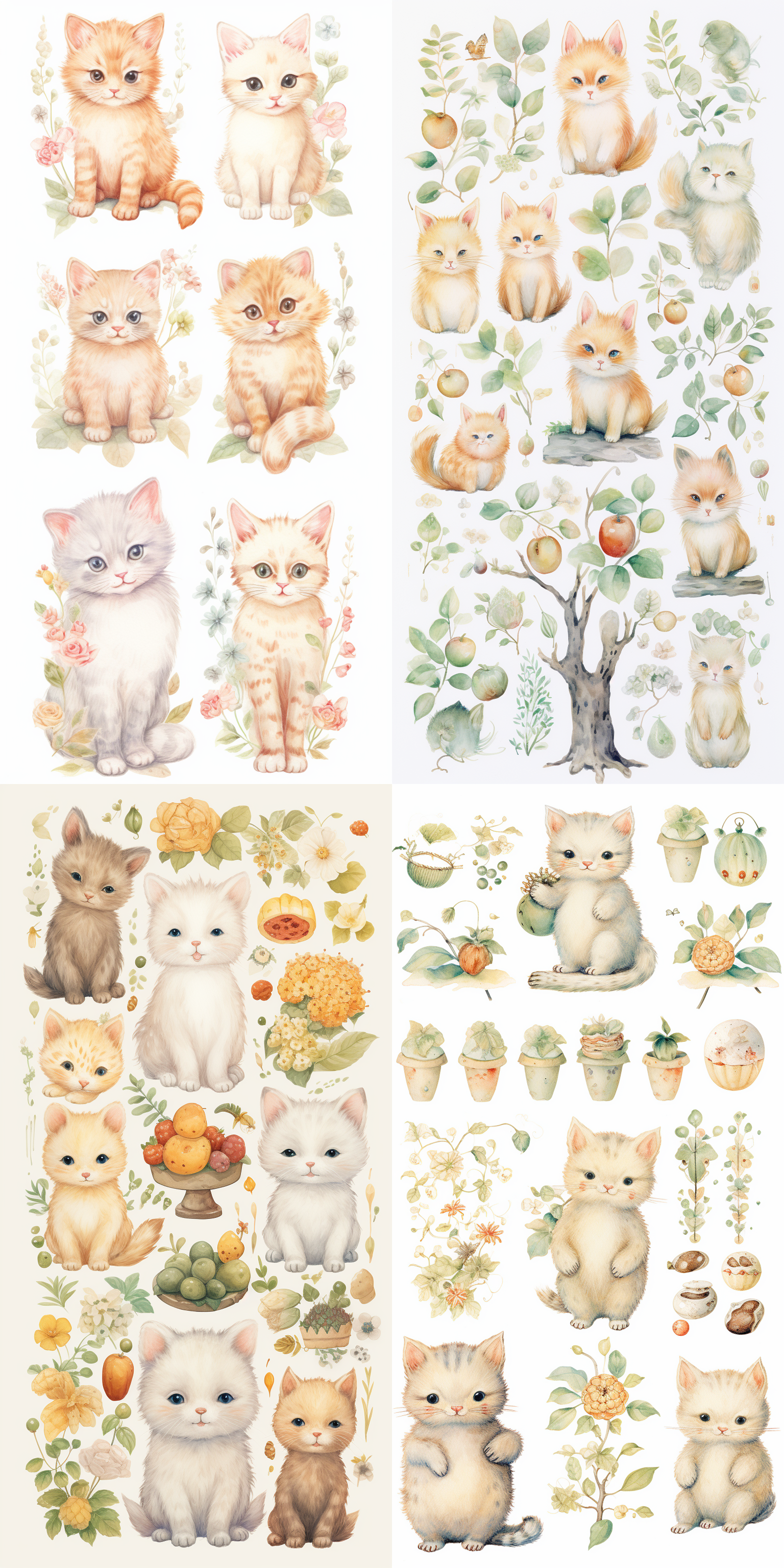 水粉画色调，可爱小猫玩偶和可爱小熊玩偶野餐，平铺，浅色调，细节丰富，柔和光线，静态，温馨，梦幻，童趣。 伏尼契手稿 水彩儿童画 贴纸