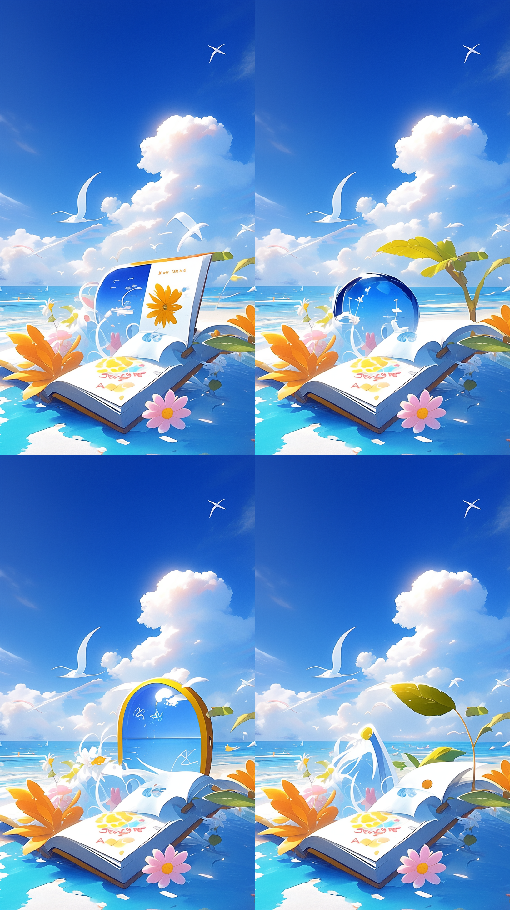 打开的书漂浮在天空中，背景是大海，晴朗的蓝天和白云。周围环绕着各种花朵和植物，还有几只飞翔的小鸟。整个场景给人一种梦幻般的感觉，仿佛这本书是从另一个世界飘来的。