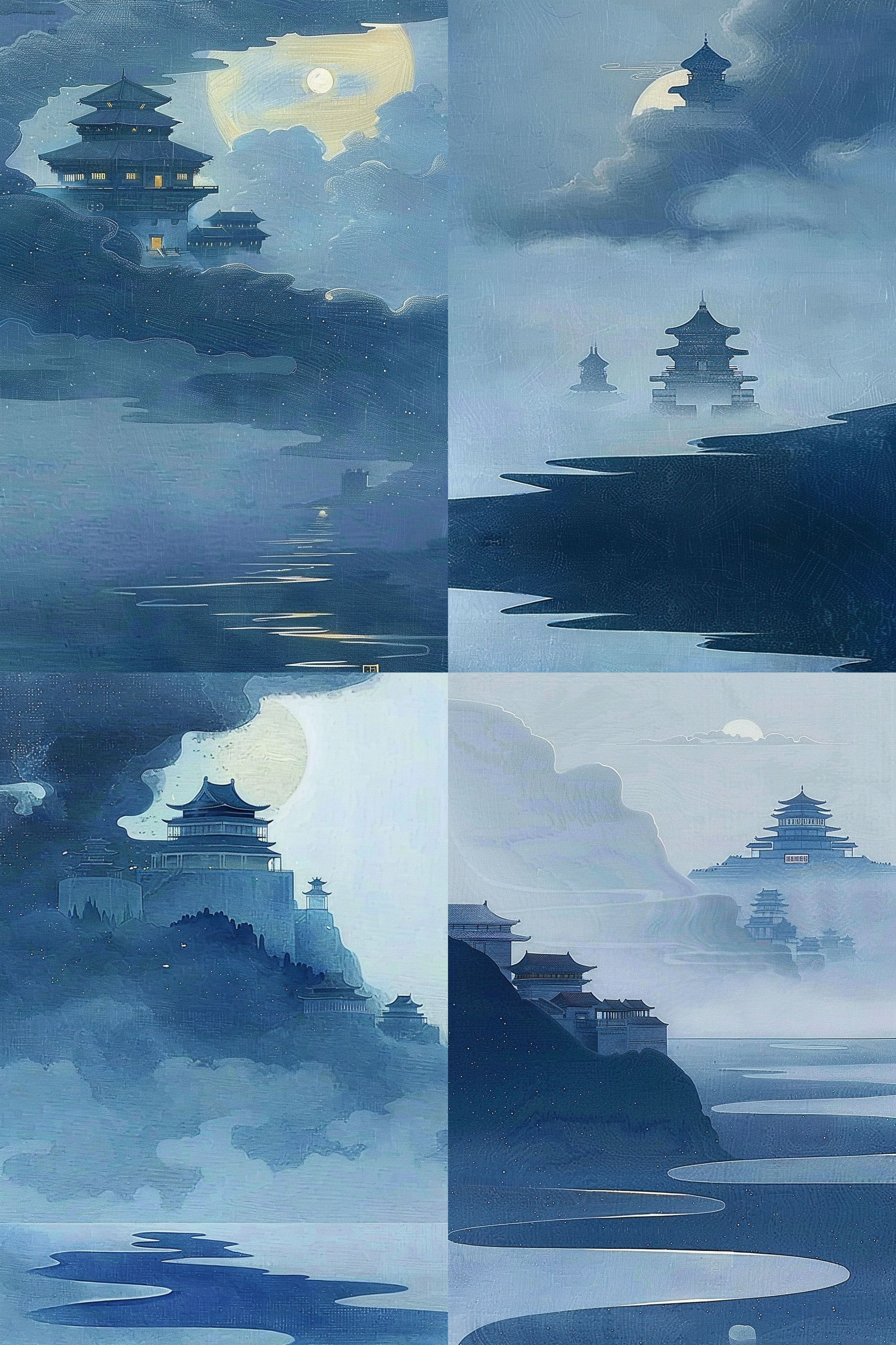 极简风格，点画，云间漂浮古建筑群，海水细小波纹，层次分明，深蓝色渐变背景，颜色曲线，赵无极，陈家泠，梵高