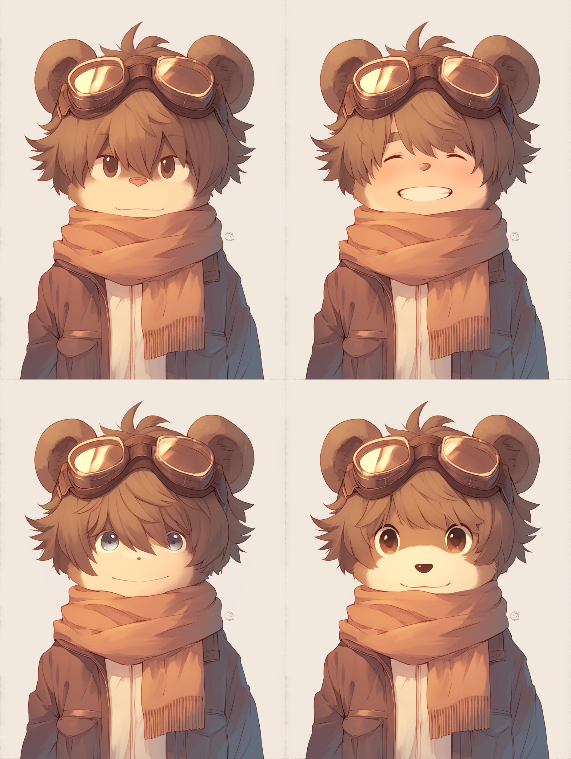 一个戴着护目镜的小熊，带着棕色围巾，q版，卡通形象