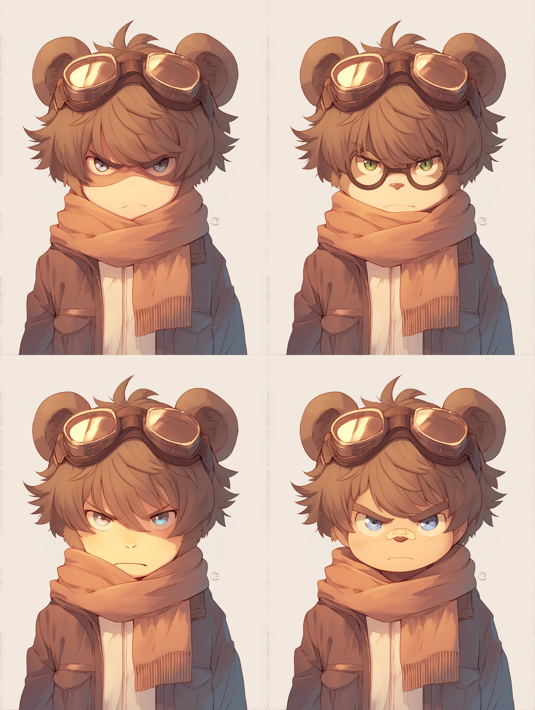 一个戴着护目镜的小熊，带着棕色围巾，q版，卡通形象