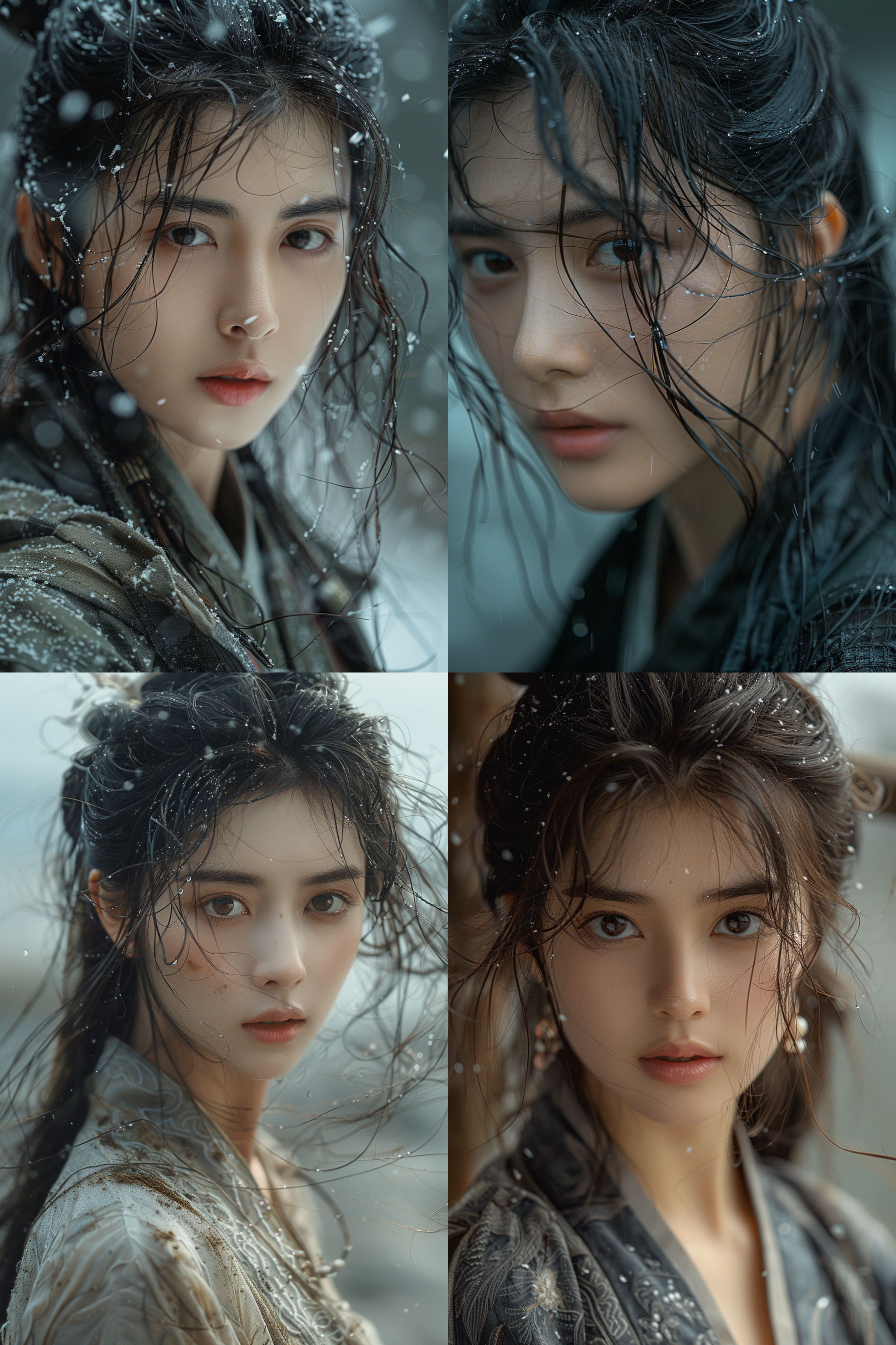 send my sorrowful heart to the moon, with the wind until the west of the night, chinese face, black long hair, serious expression, master's work, battle,